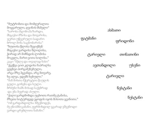 “მუტრიბთა და მომღერალთა
მოყვარული, ღვინის მსმელი”
“საროსა მჯობი,ნაზარდი,                                     ასმათი
მსგავსი მზისა და მთვარისა,
ჯერთ უწვერული სადარო                          ფატმანი
ბროლ მინა საცნობარისა”                                         ფრიდონი
“ხუთისა წლისა შევიქმენ
მსგავსი ვარდისა შლილისა,
ჭირად არ მიჩნდის ლომისა                          ტარიელი        თინათინი
მოკვლა, მართ ვითა სილისა.”
კაცი “მჭლე და თვალად ნასი”
“ქვეწვა ვით კლდისა ნაპრალსა                        ავთანდილი         უსენი
ვეფხვი პირგამეხებული,
არცა მზე ჰგვანდა, არც მთვარე,
ხე ალვა, ედემს ხებული.”                                    ტარიელი
“მან მისთა მჭვრეტთა წაუღის
გული ,გონება და სული.
ბრძენი ხამს მისად საქებრად                                     ნესტანი
 და ენა ბევრად ასული.
“ქალი გარდმოხდა უცხოთა რათმე ტანისა,
მზეთა სიტურფედ ეყოფის იყოს მისითა გვანითა.”                          ნესტანი
“ომ გარდახდილსა ჰშვენოდეს,
მე ენიანნიკაბანი, ფერმიხდილ გვარად ვშვენოდი
ვარდი ცრემლითა ნაბანი.”
 