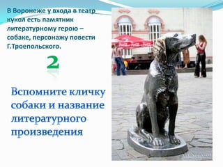 В Воронеже у входа в театр
кукол есть памятник
литературному герою –
собаке, персонажу повести
Г.Троепольского.
 