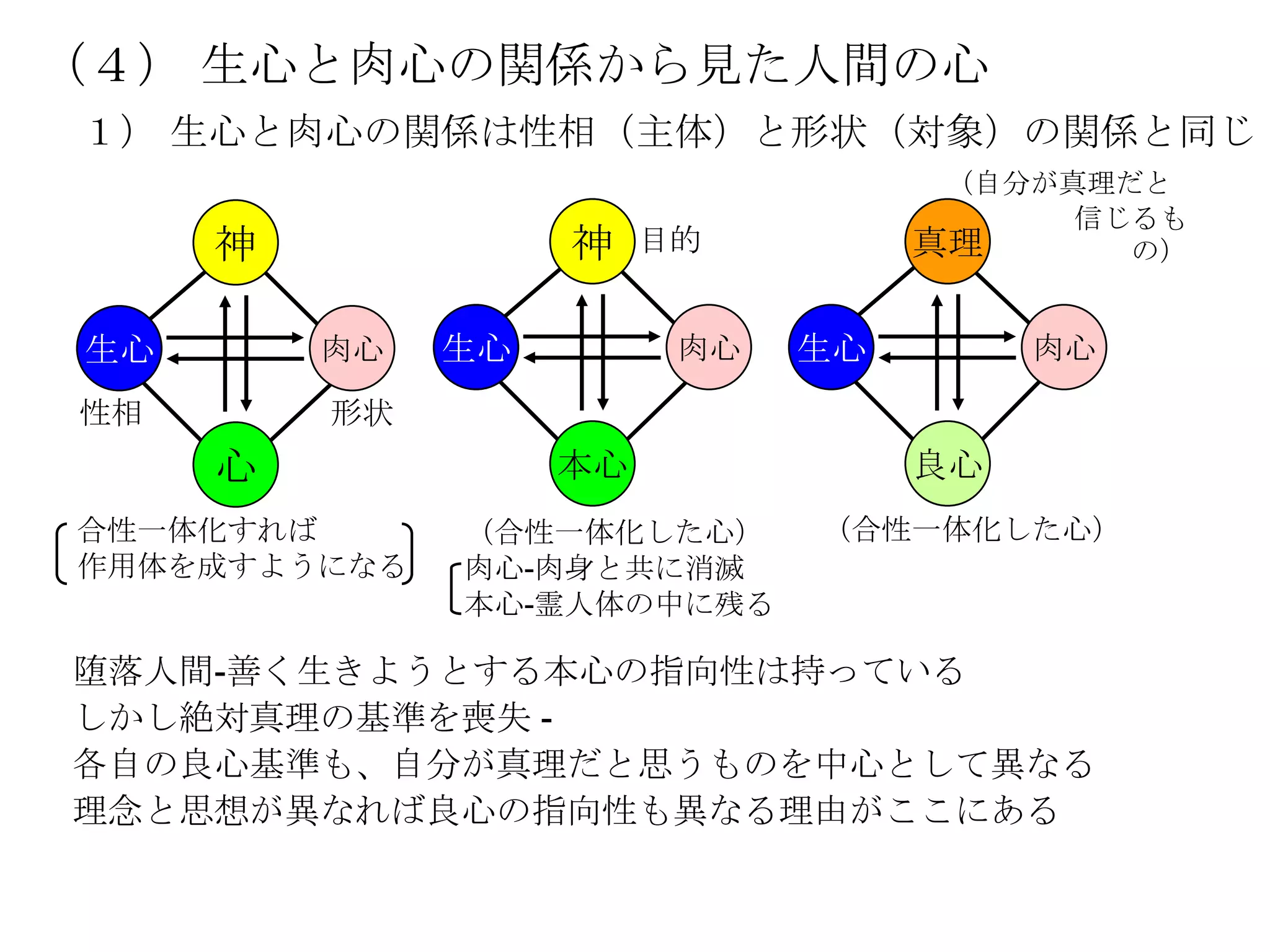（４） 生心と肉心の関係から見た人間の心
１） 生心と肉心の関係は性相（主体）と形状（対象）の関係と同じ
                                    （自分が真理だと
                                         信じるも
     神             神    目的         真理      の）


生心       肉心   生心         肉心   生心        肉心

性相       形状
     心             本心              良心
合性一体化すれば      （合性一体化した心）      （合性一体化した心）
作用体を成すようになる   肉心-肉身と共に消滅
              本心-霊人体の中に残る

堕落人間-善く生きようとする本心の指向性は持っている
しかし絶対真理の基準を喪失 -
各自の良心基準も、自分が真理だと思うものを中心として異なる
理念と思想が異なれば良心の指向性も異なる理由がここにある
 