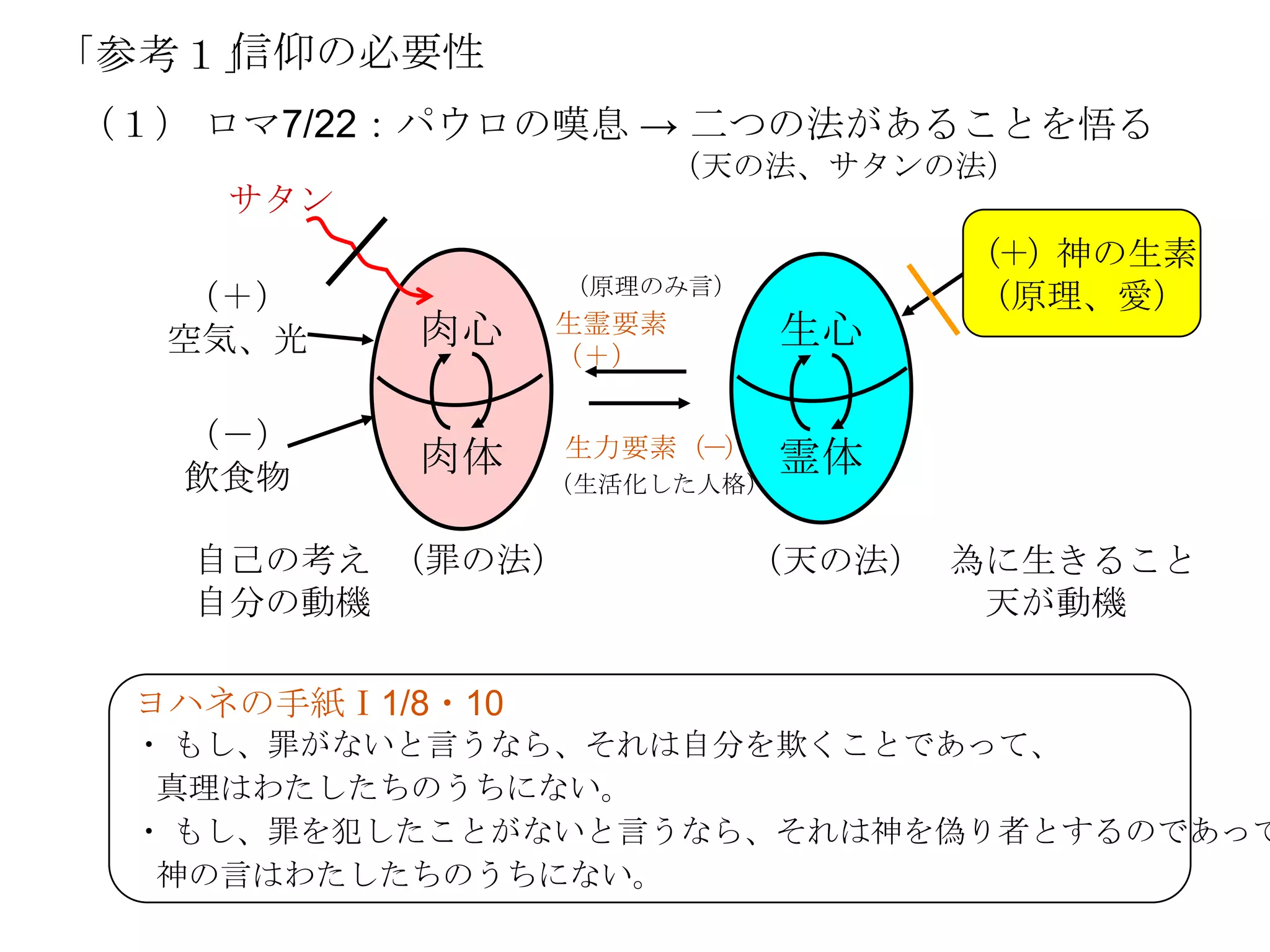 信仰の必要性
「参考１」
（１） ロマ7/22：パウロの嘆息 → 二つの法があることを悟る
                        （天の法、サタンの法）
    サタン
                                  （＋）神の生素
                 （原理のみ言）
  （＋）                             （原理、愛）
  空気、光     肉心    生霊要素        生心
                 （＋）

   （－）           生力要素（－）
   飲食物
           肉体                霊体
                 （生活化した人格）


   自己の考え （罪の法）             （天の法） 為に生きること
   自分の動機                          天が動機

 ヨハネの手紙Ⅰ1/8・10
 ・ もし、罪がないと言うなら、それは自分を欺くことであって、
  真理はわたしたちのうちにない。
 ・ もし、罪を犯したことがないと言うなら、それは神を偽り者とするのであって
  神の言はわたしたちのうちにない。
 