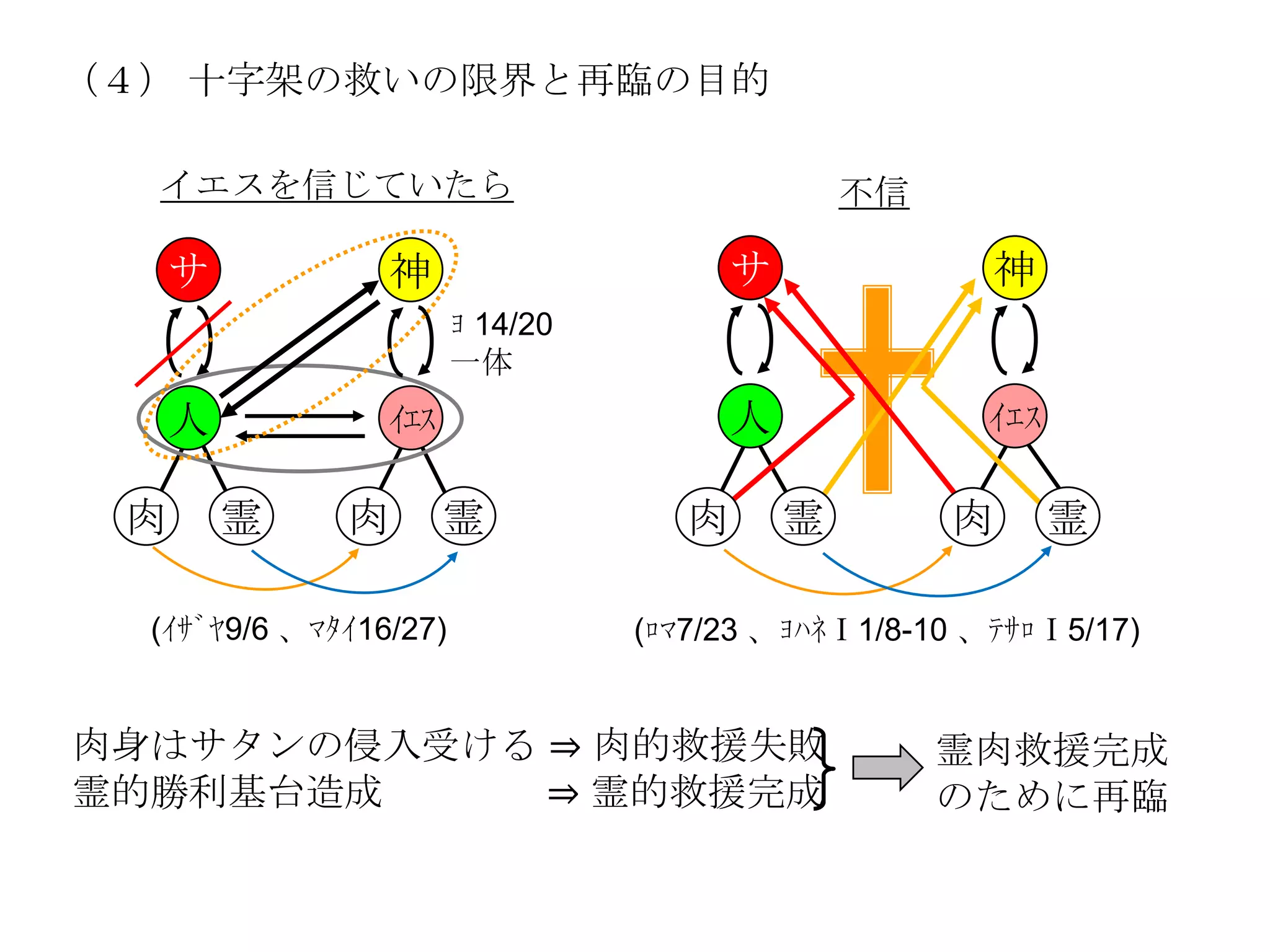 （４） 十字架の救いの限界と再臨の目的

  イエスを信じていたら                                   不信

     サ           神                     サ               神
                        ﾖ 14/20
                        一体
     人           ｲｴｽ                   人               ｲｴｽ

 肉       霊    肉        霊             肉     霊        肉        霊

  (ｲｻﾞﾔ9/6 、ﾏﾀｲ16/27)             (ﾛﾏ7/23 、ﾖﾊﾈⅠ1/8-10 、ﾃｻﾛⅠ5/17)


肉身はサタンの侵入受ける ⇒ 肉的救援失敗                               霊肉救援完成
霊的勝利基台造成     ⇒ 霊的救援完成                               のために再臨
 
