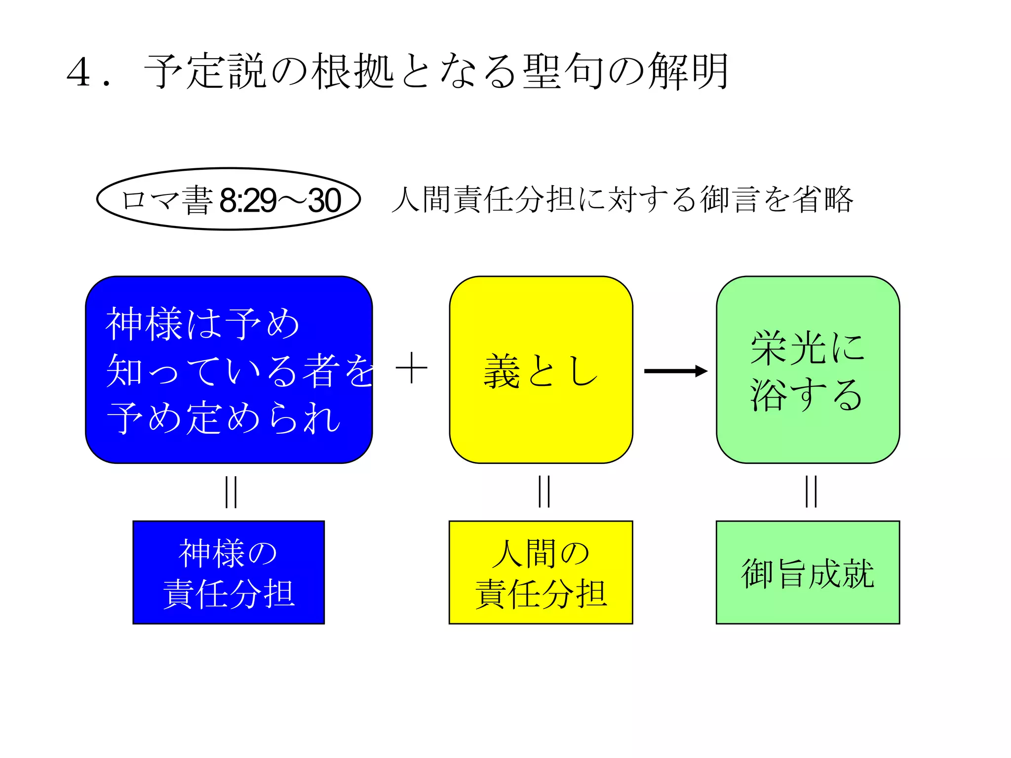 ４．予定説の根拠となる聖句の解明

 ロマ書 8:29～30   人間責任分担に対する御言を省略



 神様は予め
                          栄光に
 知っている者を ＋       義とし
                          浴する
 予め定められ
     ＝             ＝       ＝
   神様の            人間の
                          御旨成就
   責任分担          責任分担
 