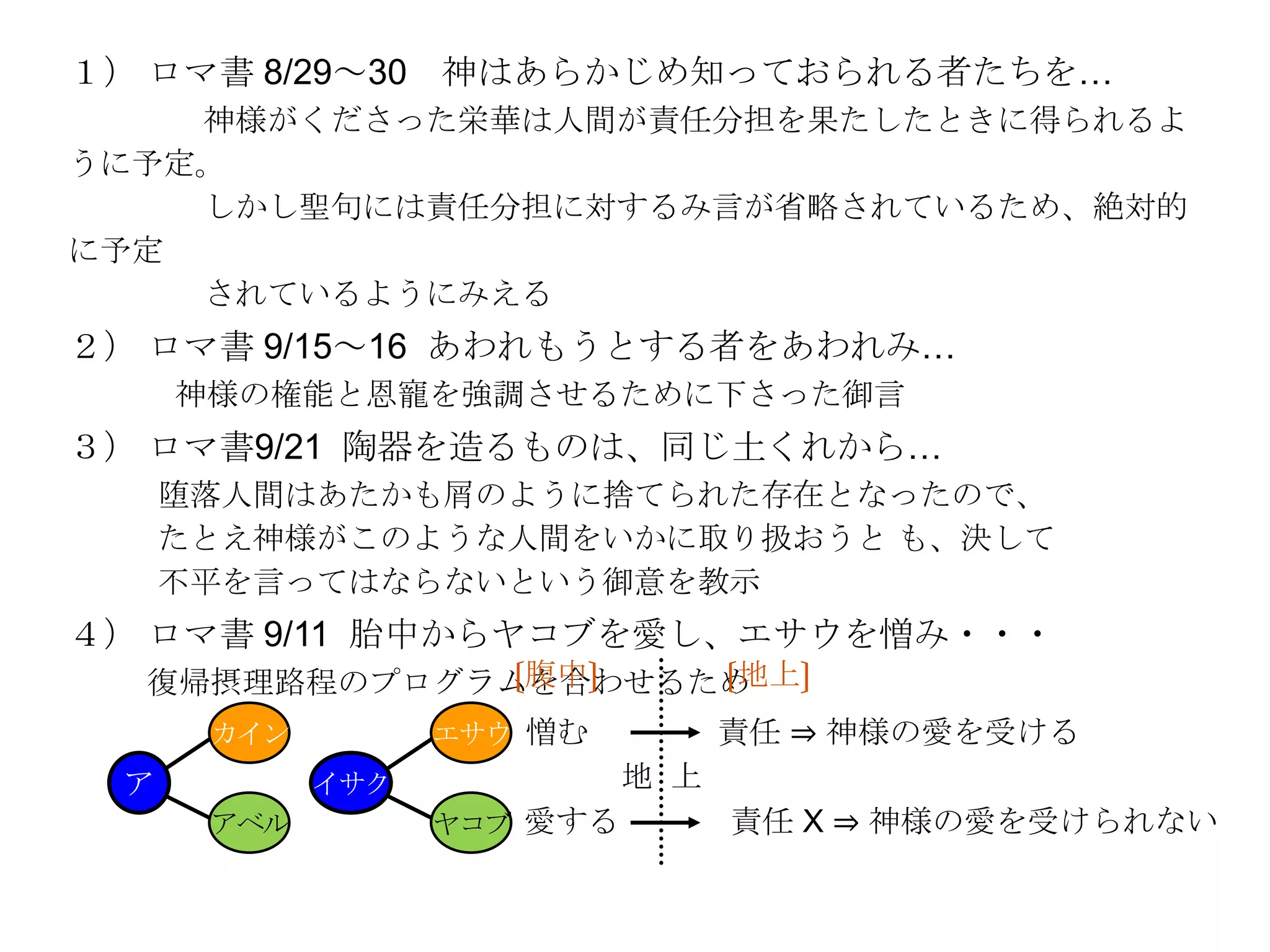 １） ロマ書 8/29～30 神はあらかじめ知っておられる者たちを…
    神様がくださった栄華は人間が責任分担を果たしたときに得られるよ
うに予定。
    しかし聖句には責任分担に対するみ言が省略されているため、絶対的
に予定
    されているようにみえる
２） ロマ書 9/15～16 あわれもうとする者をあわれみ…
     神様の権能と恩寵を強調させるために下さった御言
３） ロマ書9/21 陶器を造るものは、同じ土くれから…
     堕落人間はあたかも屑のように捨てられた存在となったので、
     たとえ神様がこのような人間をいかに取り扱おうと も、決して
     不平を言ってはならないという御意を教示
４） ロマ書 9/11 胎中からヤコブを愛し、エサウを憎み・・・
              〔腹中〕  〔地上〕
  復帰摂理路程のプログラムを合わせるため
      カイン         エサウ 憎む          責任 ⇒ 神様の愛を受ける
 ア          イサク             地 上
      アベル         ヤコブ 愛する         責任 X ⇒ 神様の愛を受けられない
 
