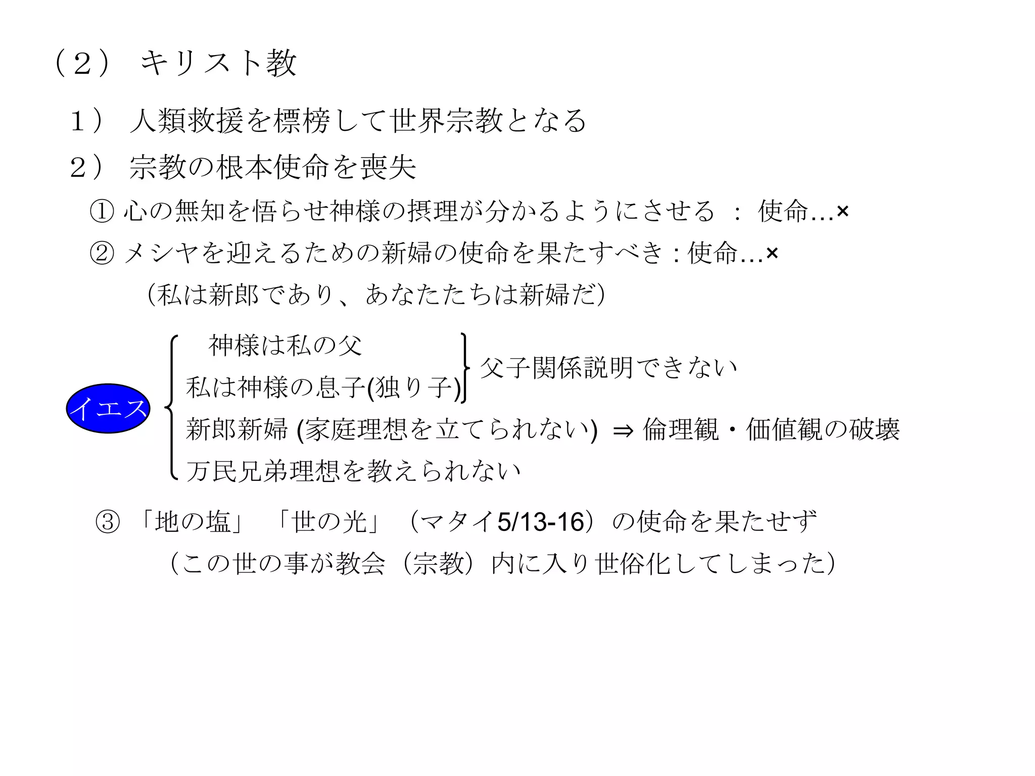 （２） キリスト教
１） 人類救援を標榜して世界宗教となる
２） 宗教の根本使命を喪失
 ① 心の無知を悟らせ神様の摂理が分かるようにさせる ： 使命…×
 ② メシヤを迎えるための新婦の使命を果たすべき : 使命…×
   （私は新郎であり、あなたたちは新婦だ）
         神様は私の父
                       父子関係説明できない
        私は神様の息子(独り子)
 イエス
        新郎新婦 (家庭理想を立てられない) ⇒ 倫理観・価値観の破壊
        万民兄弟理想を教えられない
  ③ 「地の塩」 「世の光」（マタイ5/13-16）の使命を果たせず
       （この世の事が教会（宗教）内に入り世俗化してしまった）
 