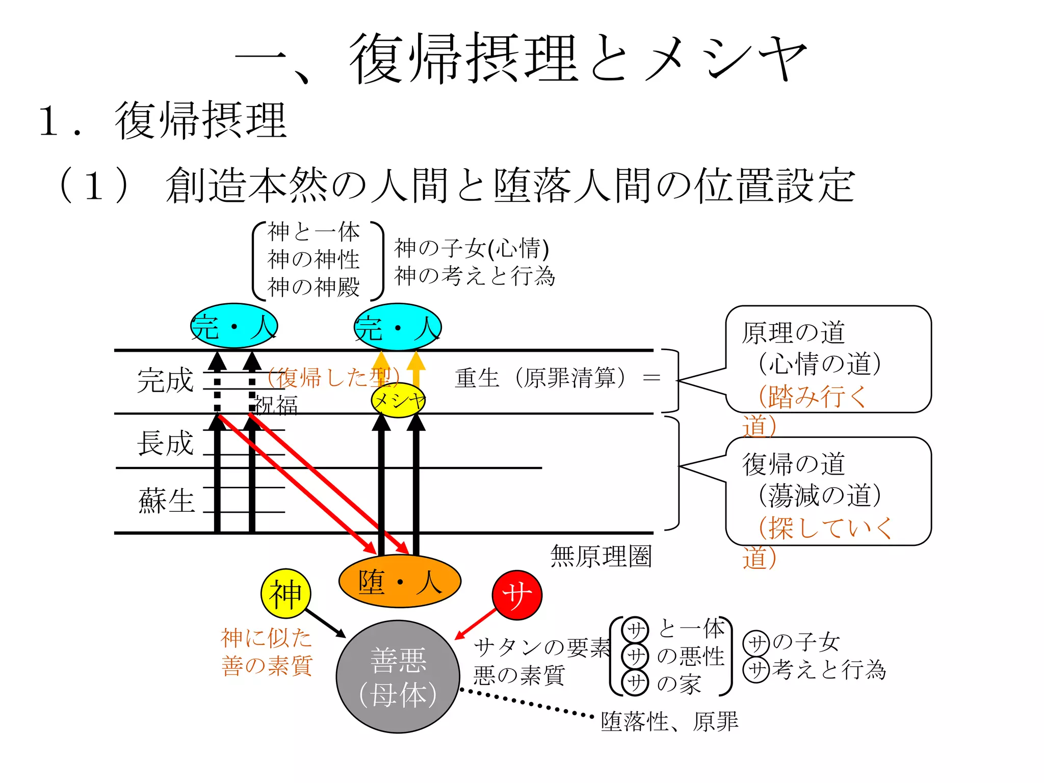 一、復帰摂理とメシヤ
１．復帰摂理
（１） 創造本然の人間と堕落人間の位置設定
         神と一体
         神の神性   神の子女(心情)
         神の神殿   神の考えと行為

    完・人       完・人                   原理の道
                                    （心情の道）
  完成    （復帰した型）     重生（原罪清算）＝
        祝福   メシヤ                    （踏み行く
                                    道）
  長成
                                    復帰の道
  蘇生                                （蕩減の道）
                                    （探していく
                          無原理圏      道）
              堕・人
         神            サ
       神に似た                 サ と一体
                     サタンの要素 サ の悪性   サ の子女
       善の素質    善悪    悪の素質           サ 考えと行為
                            サ の家
              （母体）
                           堕落性、原罪
 