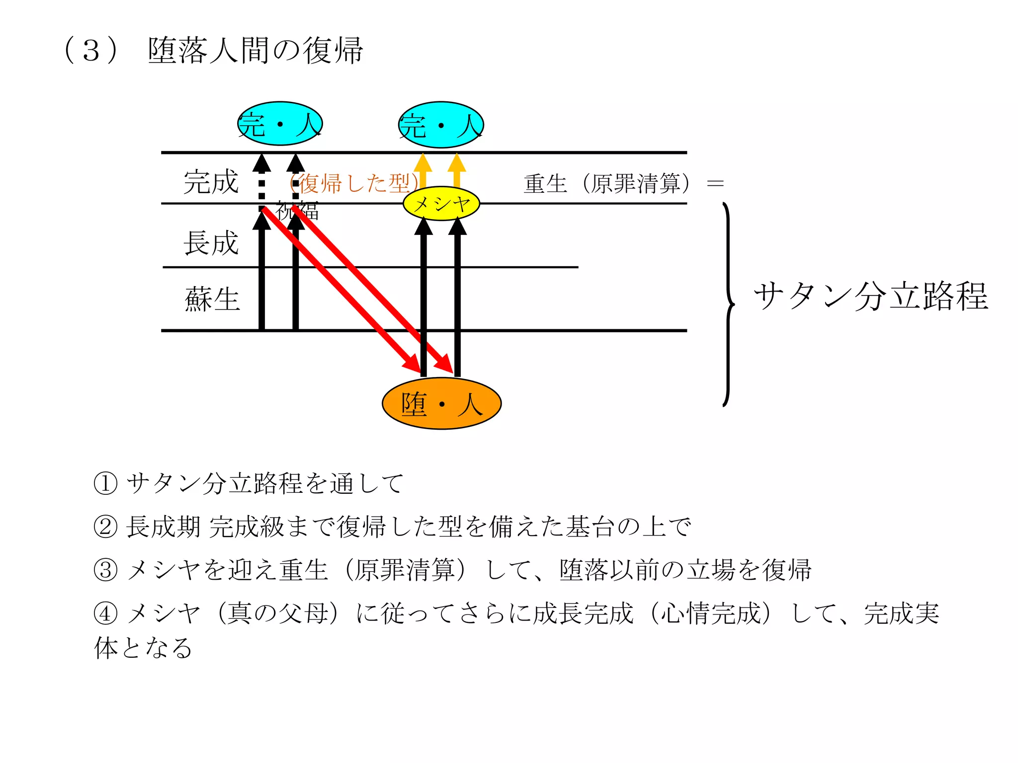 （３） 堕落人間の復帰

       完・人    完・人
    完成   （復帰した型）     重生（原罪清算）＝
         祝福    メシヤ

    長成
    蘇生                           サタン分立路程


              堕・人

 ① サタン分立路程を通して
 ② 長成期 完成級まで復帰した型を備えた基台の上で
 ③ メシヤを迎え重生（原罪清算）して、堕落以前の立場を復帰
 ④ メシヤ（真の父母）に従ってさらに成長完成（心情完成）して、完成実
 体となる
 
