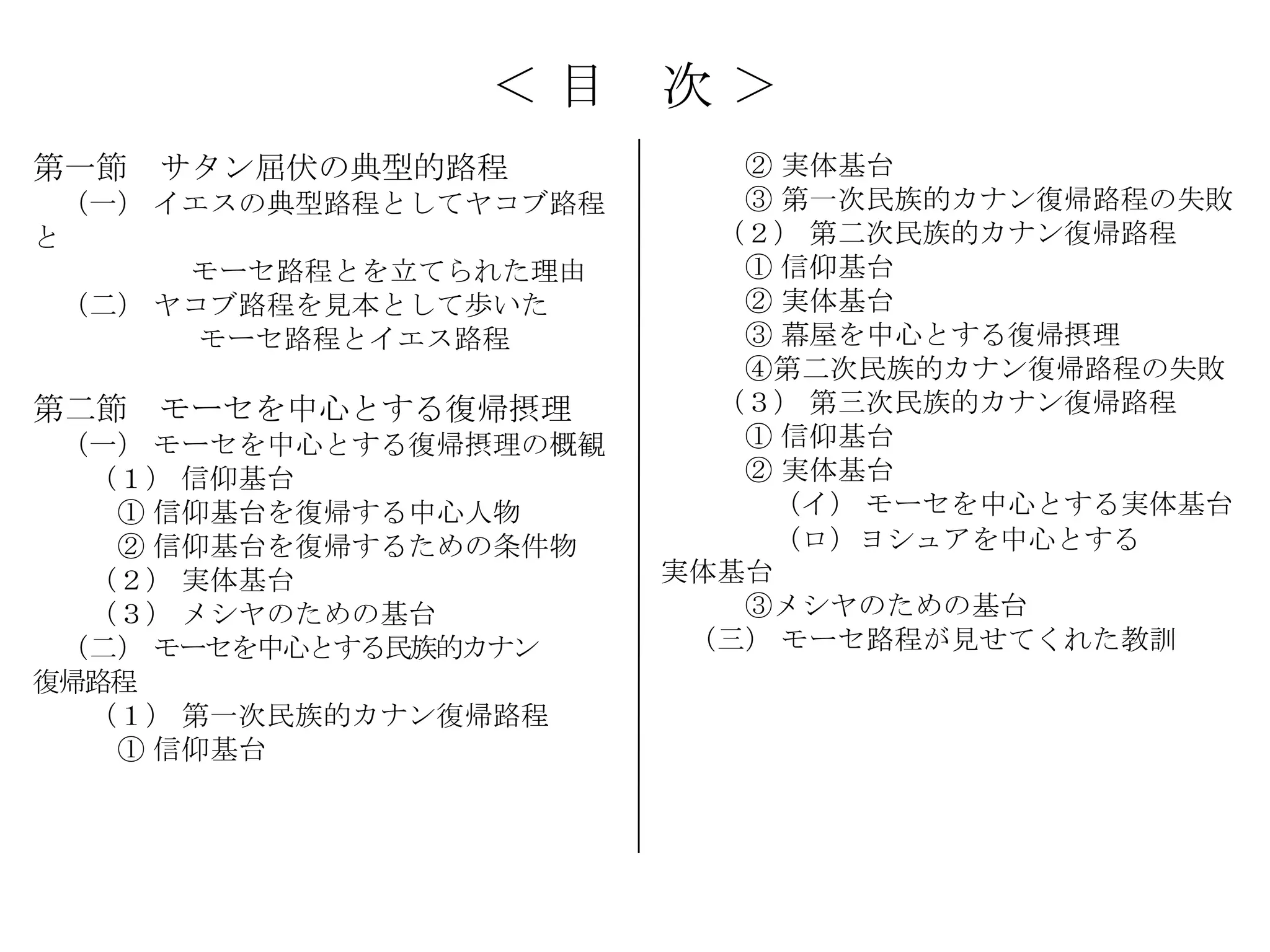 ＜目      次＞
第一節 サタン屈伏の典型的路程            ② 実体基台
 （一） イエスの典型路程としてヤコブ路程      ③ 第一次民族的カナン復帰路程の失敗
と                         （２） 第二次民族的カナン復帰路程
      モーセ路程とを立てられた理由       ① 信仰基台
 （二） ヤコブ路程を見本として歩いた        ② 実体基台
       モーセ路程とイエス路程         ③ 幕屋を中心とする復帰摂理
                           ④第二次民族的カナン復帰路程の失敗
第二節 モーセを中心とする復帰摂理         （３） 第三次民族的カナン復帰路程
 （一） モーセを中心とする復帰摂理の概観      ① 信仰基台
  （１） 信仰基台                 ② 実体基台
   ① 信仰基台を復帰する中心人物          （イ） モーセを中心とする実体基台
   ② 信仰基台を復帰するための条件物        （ロ）ヨシュアを中心とする
  （２） 実体基台              実体基台
  （３） メシヤのための基台            ③メシヤのための基台
 （二） モーセを中心とする民族的カナン     （三） モーセ路程が見せてくれた教訓
復帰路程
  （１） 第一次民族的カナン復帰路程
   ① 信仰基台
 