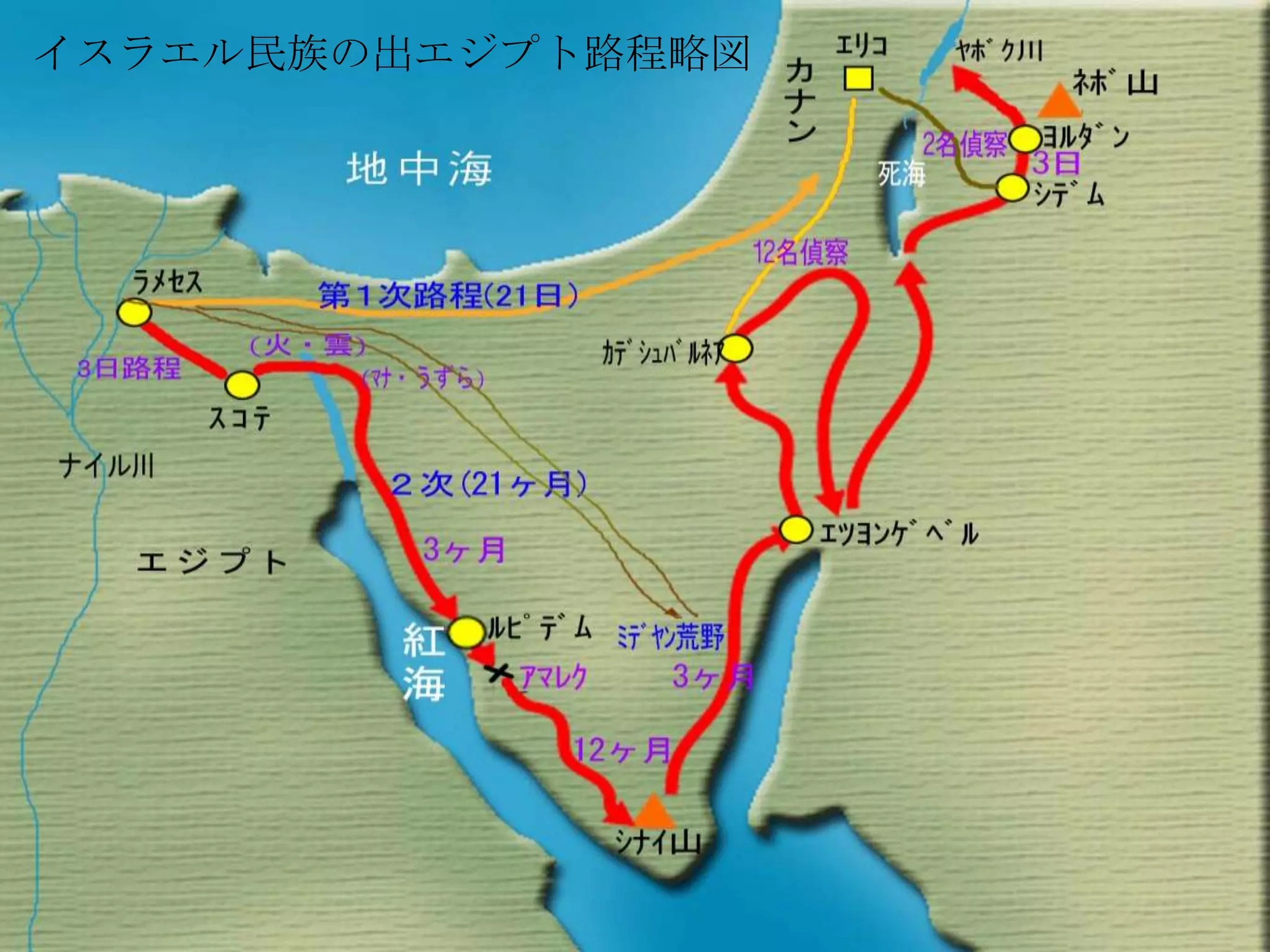 イスラエル民族の出エジプト路程略図
 