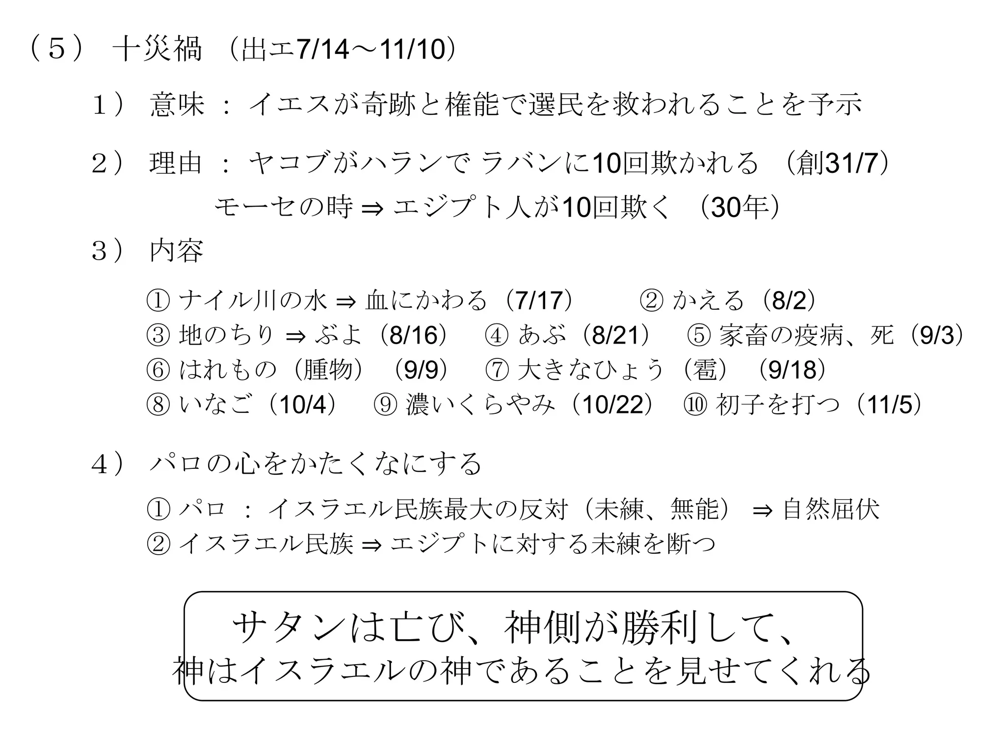 （５） 十災禍 （出エ7/14～11/10）
   １） 意味 ： イエスが奇跡と権能で選民を救われることを予示

   ２） 理由 ： ヤコブがハランで ラバンに10回欺かれる （創31/7）
           モーセの時 ⇒ エジプト人が10回欺く （30年）
   ３） 内容
      ① ナイル川の水 ⇒ 血にかわる（7/17）     ② かえる（8/2）
      ③ 地のちり ⇒ ぶよ（8/16） ④ あぶ（8/21） ⑤ 家畜の疫病、死（9/3）
      ⑥ はれもの（腫物）（9/9） ⑦ 大きなひょう（雹）（9/18）
      ⑧ いなご（10/4） ⑨ 濃いくらやみ（10/22） ⑩ 初子を打つ（11/5）

   ４） パロの心をかたくなにする
      ① パロ ： イスラエル民族最大の反対（未練、無能） ⇒ 自然屈伏
      ② イスラエル民族 ⇒ エジプトに対する未練を断つ


           サタンは亡び、神側が勝利して、
       神はイスラエルの神であることを見せてくれる
 