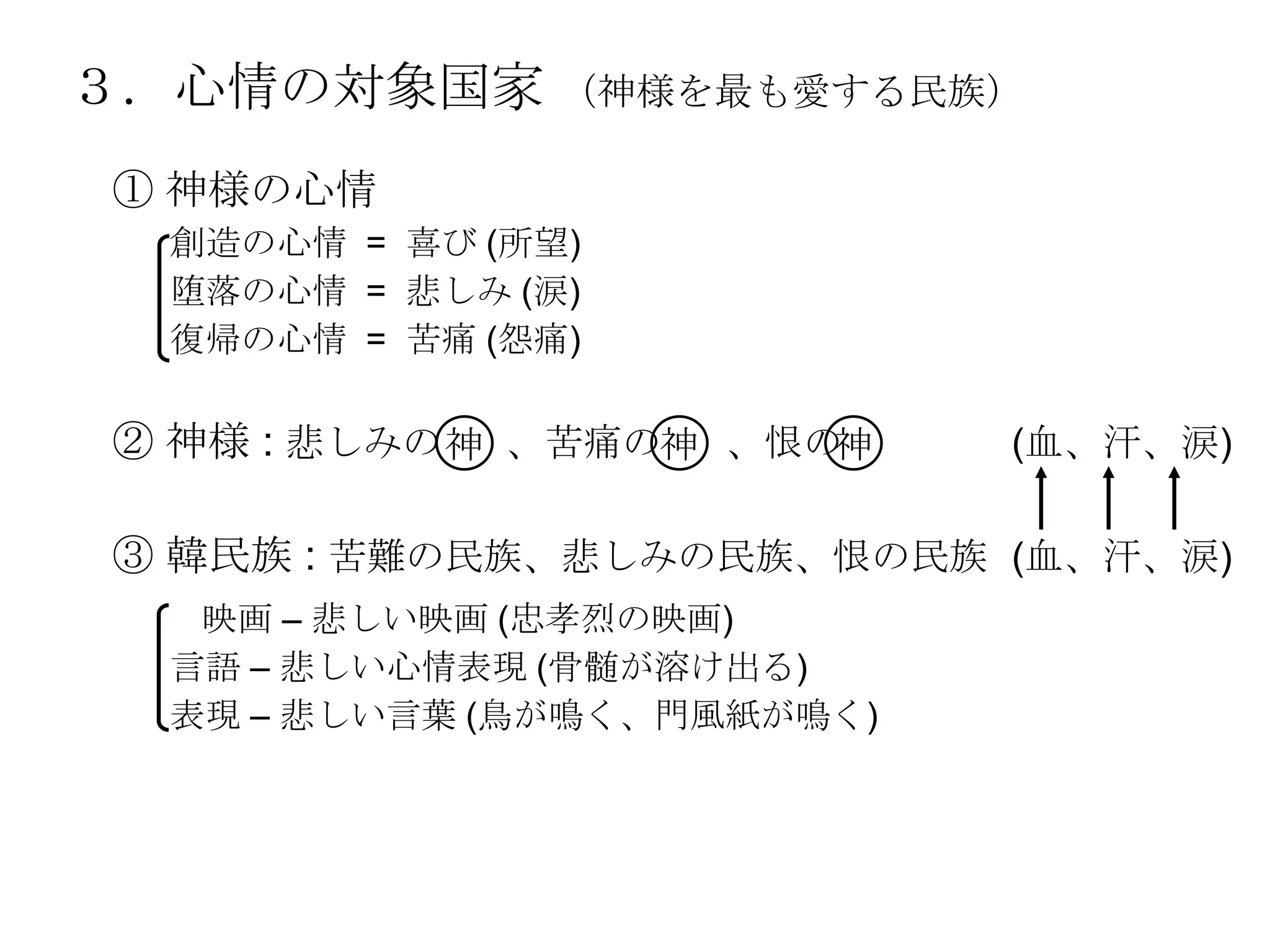 ３．心情の対象国家 （神様を最も愛する民族）
 ① 神様の心情
  創造の心情 = 喜び (所望)
  堕落の心情 = 悲しみ (涙)
  復帰の心情 = 苦痛 (怨痛)

 ② 神様 : 悲しみの 神 、苦痛の神 、恨の神    (血、汗、涙)

 ③ 韓民族 : 苦難の民族、悲しみの民族、恨の民族 (血、汗、涙)
   映画 – 悲しい映画 (忠孝烈の映画)
  言語 – 悲しい心情表現 (骨髄が溶け出る)
  表現 – 悲しい言葉 (鳥が鳴く、門風紙が鳴く)
 