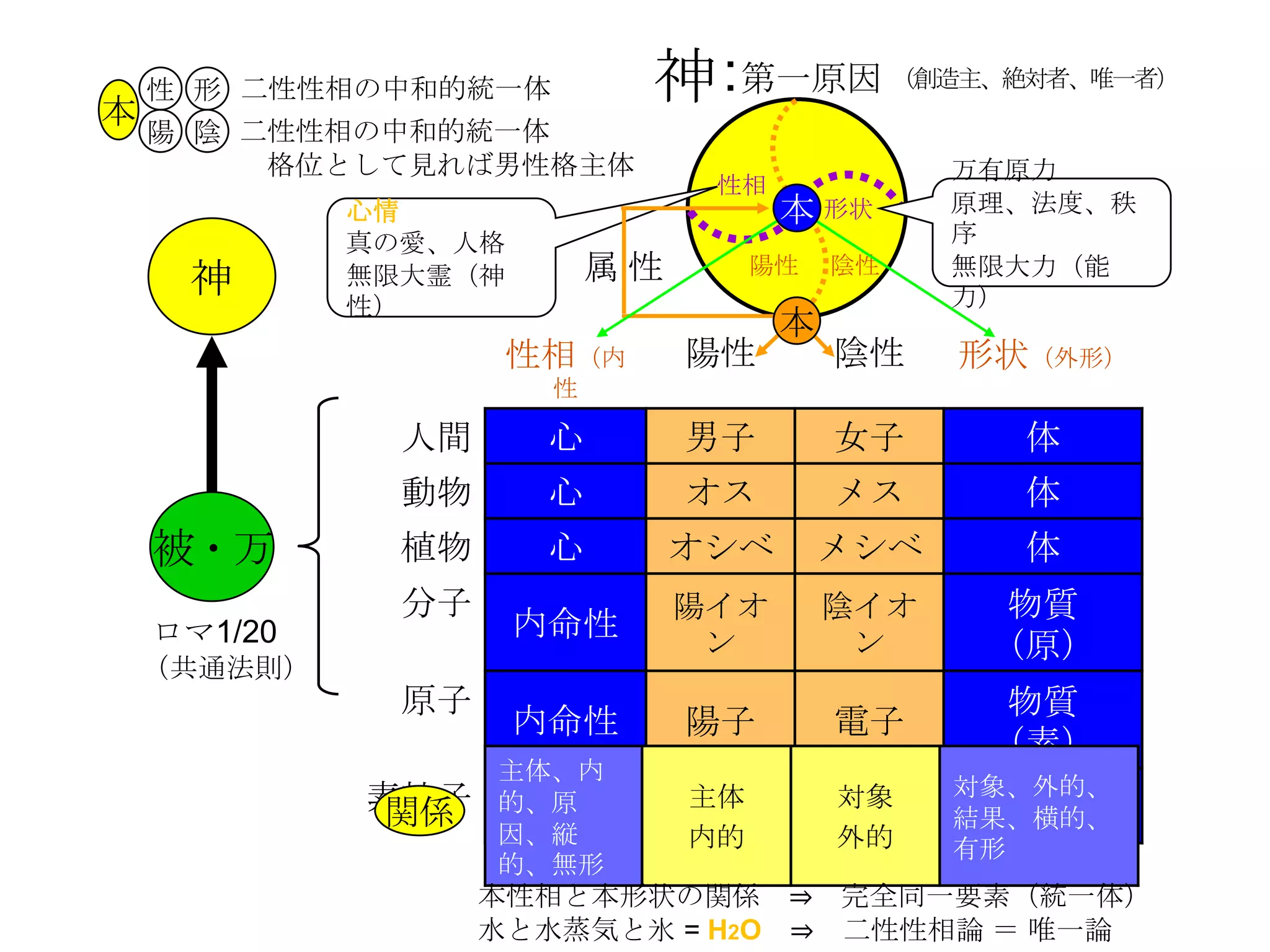 本
    性 形 二性性相の中和的統一体          神 : 第一原因          （創造主、絶対者、唯一者）

    陽 陰 二性性相の中和的統一体
         格位として見れば男性格主体                           万有原力
                                 性相
             心情                       本 形状       原理、法度、秩
             真の愛、人格                              序
     神       無限大霊（神        属性     陽性      陰性     無限大力（能
             性）                                  力）
                                      本
                      性相（内      陽性        陰性      形状（外形）
                       性

               人間      心        男子        女子         体
               動物      心        オス        メス         体
    被・万        植物      心        オシベ       メシベ        体
               分子               陽イオ       陰イオ      物質
    ロマ1/20            内命性        ン         ン       （原）
    （共通法則）
               原子                                  物質
                      内命性       陽子        電子
                                                   （素）
                    主体、内
                                                 対象、外的、
             素粒子
              関係    的、原
                     内命性        主体
                                陽性        対象
                                          陰性        力
                                                 結果、横的、
                    因、縦         内的        外的     有形
                    的、無形
                    本性相と本形状の関係 ⇒ 完全同一要素（統一体）
                    水と水蒸気と氷 = H2O ⇒ 二性性相論 ＝ 唯一論
 