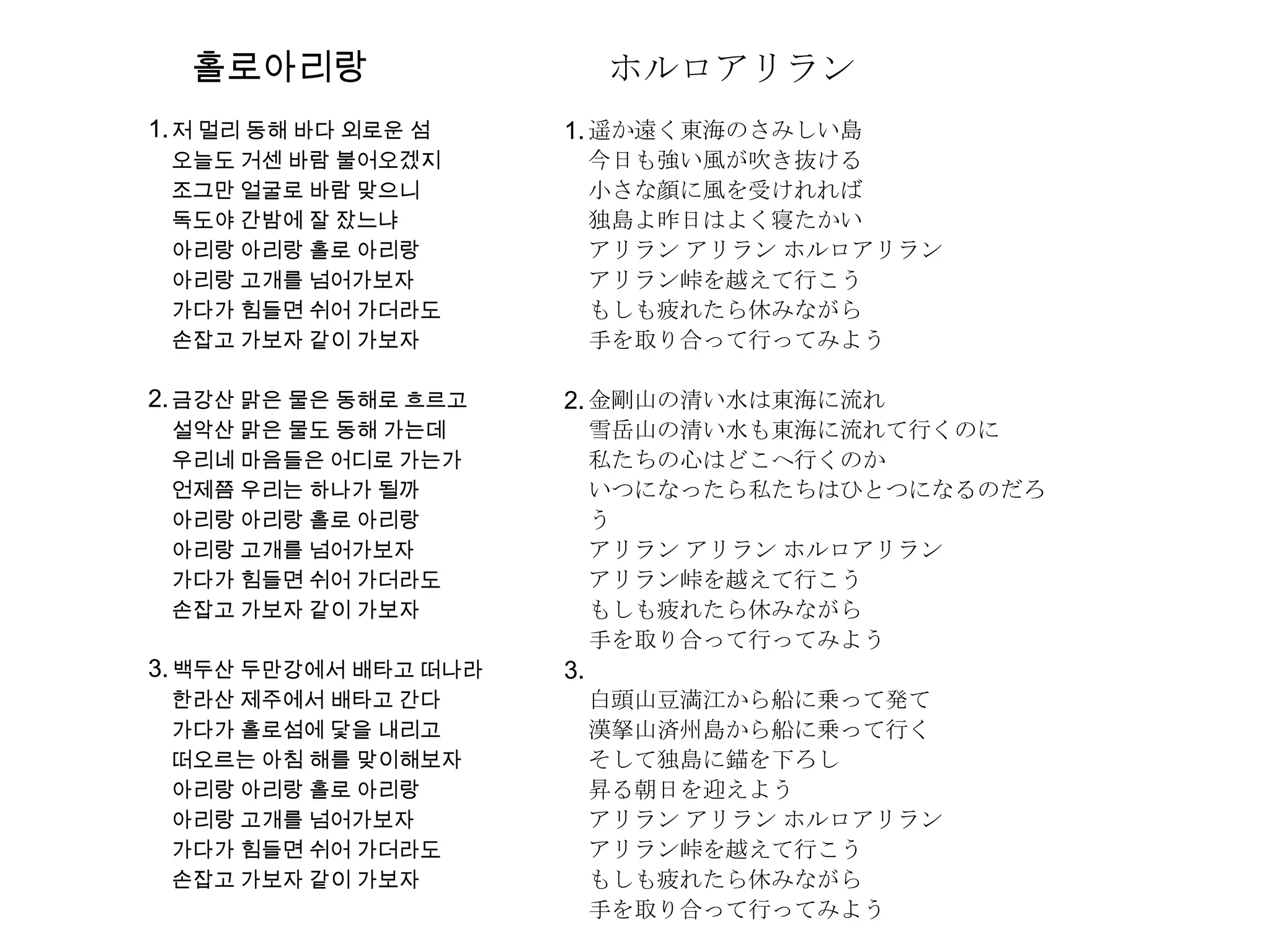 홀로아리랑                     ホルロアリラン
1. 저 멀리 동해 바다 외로운 섬    1. 遥か遠く東海のさみしい島
 오늘도 거센 바람 불어오겠지            今日も強い風が吹き抜ける
 조그만 얼굴로 바람 맞으니             小さな顔に風を受けれれば
 독도야 간밤에 잘 잤느냐              独島よ昨日はよく寝たかい
 아리랑 아리랑 홀로 아리랑             アリラン アリラン ホルロアリラン
 아리랑 고개를 넘어가보자              アリラン峠を越えて行こう
 가다가 힘들면 쉬어 가더라도            もしも疲れたら休みながら
 손잡고 가보자 같이 가보자             手を取り合って行ってみよう

2. 금강산 맑은 물은 동해로 흐르고   2. 金剛山の清い水は東海に流れ
 설악산 맑은 물도 동해 가는데           雪岳山の清い水も東海に流れて行くのに
 우리네 마음들은 어디로 가는가           私たちの心はどこへ行くのか
 언제쯤 우리는 하나가 될까             いつになったら私たちはひとつになるのだろ
 아리랑 아리랑 홀로 아리랑             う
 아리랑 고개를 넘어가보자              アリラン アリラン ホルロアリラン
 가다가 힘들면 쉬어 가더라도            アリラン峠を越えて行こう
 손잡고 가보자 같이 가보자             もしも疲れたら休みながら
                            手を取り合って行ってみよう
3. 백두산 두만강에서 배타고 떠나라   3.
 한라산 제주에서 배타고 간다            白頭山豆満江から船に乗って発て
 가다가 홀로섬에 닻을 내리고            漢拏山済州島から船に乗って行く
 떠오르는 아침 해를 맞이해보자           そして独島に錨を下ろし
 아리랑 아리랑 홀로 아리랑             昇る朝日を迎えよう
 아리랑 고개를 넘어가보자              アリラン アリラン ホルロアリラン
 가다가 힘들면 쉬어 가더라도            アリラン峠を越えて行こう
 손잡고 가보자 같이 가보자             もしも疲れたら休みながら
                            手を取り合って行ってみよう
 