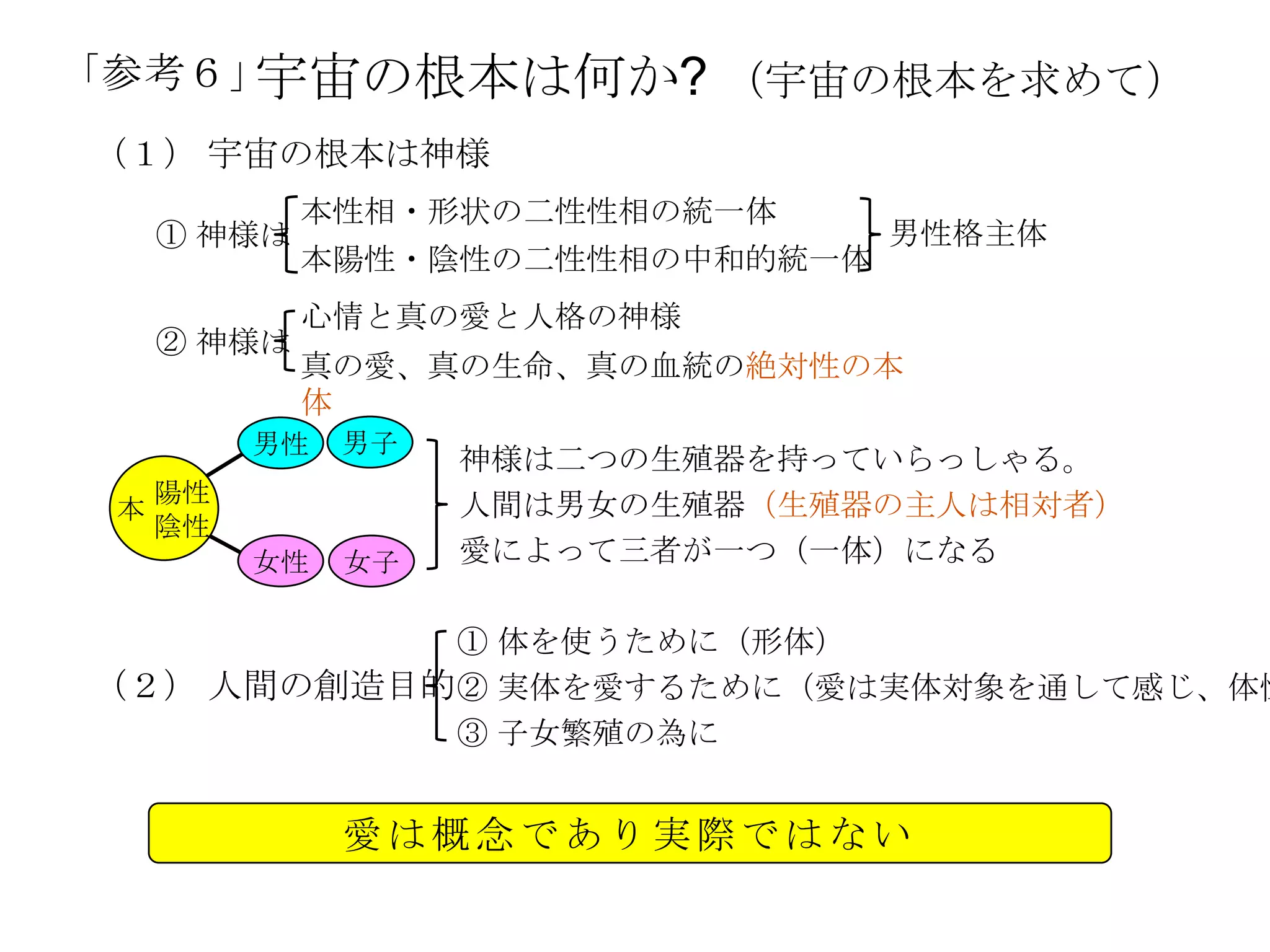 「参考６」宇宙の根本は何か? （宇宙の根本を求めて）
（１） 宇宙の根本は神様
             本性相・形状の二性性相の統一体
     ① 神様は                        男性格主体
             本陽性・陰性の二性性相の中和的統一体
             心情と真の愛と人格の神様
     ② 神様は
             真の愛、真の生命、真の血統の絶対性の本
             体
          男性   男子
                    神様は二つの生殖器を持っていらっしゃる。
     陽性             人間は男女の生殖器（生殖器の主人は相対者）
 本
     陰性
          女性   女子   愛によって三者が一つ（一体）になる

            ① 体を使うために（形体）
（２） 人間の創造目的 ② 実体を愛するために（愛は実体対象を通して感じ、体恤
            ③ 子女繁殖の為に


               愛は概念であり実際ではない
 