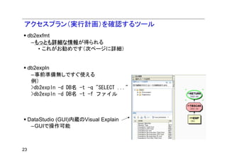 アクセスプラン（実行計画）を確認するツール
     db2exfmt
      –もっとも詳細な情報が得られる
         • これがお勧めです（次ページに詳細）


     db2expln
      –事前準備無しですぐ使える
      例）
      >db2expln -d DB名 -t -q "SELECT ..."
      >db2expln -d DB名 -t -f ファイル



     DataStudio (GUI)内蔵のVisual Explain
      –GUIで操作可能



23
 