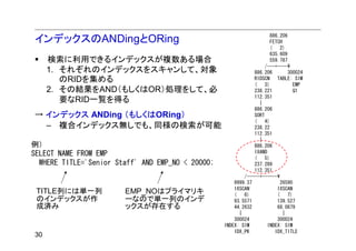 886.206
インデックスのANDingとORing                                                    FETCH
                                                                       (    2)
                                                                       635.609
     検索に利用できるインデックスが複数ある場合                                             559.787
                                                                    /---+----¥
     1. それぞれのインデックスをスキャンして、対象                                  886.206         300024
        のRIDを集める                                               RIDSCN     TABLE: SIM
                                                               (    3)            EMP
     2. その結果をAND（もしくはOR）処理をして、必                                238.221            Q1
                                                               112.351
        要なRID一覧を得る                                               |
                                                               886.206
→ インデックス ANDing （もしくはORing）                                    SORT
                                                               (    4)
  – 複合インデックス無しでも、同様の検索が可能                                      238.22
                                                               112.351
                                                                 |
例）                                                             886.206
SELECT NAME FROM EMP                                           IXAND
                                                               (    5)
  WHERE TITLE='Senior Staff' AND EMP_NO < 20000;               237.289
                                                               112.351
                                                           /-----+------¥
                                                       9999.37              26590
                                                       IXSCAN             IXSCAN
 TITLE列には単一列            EMP_NOはプライマリキ                  (   6)             (    7)
 のインデックスが作              ーなので単一列のインデ                    93.5571            139.527
 成済み                    ックスが存在する                       44.2632            68.0879
                                                         |                   |
                                                       300024             300024
                                                   INDEX: SIM        INDEX: SIM
                                                       IDX_PK            IDX_TITLE
30
 