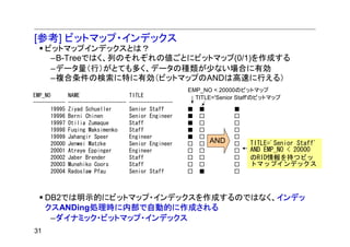 [参考] ビットマップ・インデックス
     ビットマップインデックスとは？
      –B-Treeではく、列のそれぞれの値ごとにビットマップ(0/1)を作成する
      –データ量（行）がとても多く、データの種類が少ない場合に有効
      –複合条件の検索に特に有効（ビットマップのANDは高速に行える）
                                                        EMP_NO < 20000のビットマップ
EMP_NO         NAME                   TITLE               TITLE='Senior Staff'のビットマップ
-----------    --------------------   ---------------
       19995   Ziyad Schueller        Senior Staff      ■   ■         ■
       19996   Berni Chinen           Senior Engineer   ■   □         □
       19997   Otilia Zumaque         Staff             ■   □         □
       19998   Fuqing Maksimenko      Staff             ■   □         □
       19999   Jahangir Speer         Engineer          ■   □         □
       20000   Jenwei Matzke          Senior Engineer   □   □   AND   □    TITLE='Senior Staff'
       20001   Atreye Eppinger        Engineer          □   □         □    AND EMP_NO < 20000
       20002   Jaber Brender          Staff             □   □         □    のRID情報を持つビッ
       20003   Munehiko Coors         Staff             □   □         □    トマップインデックス
       20004   Radoslaw Pfau          Senior Staff      □   ■         □



     DB2では明示的にビットマップ・インデックスを作成するのではなく、インデッ
     クスANDing処理時に内部で自動的に作成される
      –ダイナミック・ビットマップ・インデックス
31
 