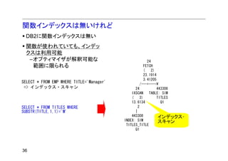 関数インデックスは無いけれど
  DB2に関数インデックスは無い
  関数が使われていても、インデッ
  クスは利用可能
   –オプティマイザが解釈可能な                                        24
    範囲に限られる                                            FETCH
                                                       (    2)
                                                       23.1914
                                                       3.41205
SELECT * FROM EMP WHERE TITLE='Manager'             /---+----¥
 => インデックス・スキャン                                 24             443308
                                              IXSCAN      TABLE: SIM
                                              (     3)         TITLES
                                              13.6134            Q1
SELECT * FROM TITLES WHERE                        2
SUBSTR(TITLE,1,1)='M'                           |
                                              443308            インデックス･
                                          INDEX: SIM            スキャン
                                           TITLES_TITLE
                                                Q1




36
 