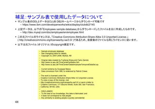 補足：サンプル表で使用したデータについて
 サンプル表のDDLとデータはCLUB DB2ホームページからダウンロード可能です
  – https://www.ibm.com/developerworks/wikis/display/clubdb2/145
 上記データは、以下の「Employees sample database」からダウンロードしたファイルを元に作成したものです。
  – http://dev.mysql.com/doc/employee/en/employee.html
 この元ファイルのライセンスは、「Creative Commons Attribution-Share Alike 3.0 Unported License.」
 ( http://creativecommons.org/licenses/by-sa/3.0/ )であるため、改変後のファイルも同じライセンスに従います。
 以下は元ファイル（オリジナル）のcopyright表記です。

                -- Sample employee database
                -- See changelog table for details
                -- Copyright (C) 2007,2008, MySQL AB
                --
                -- Original data created by Fusheng Wang and Carlo Zaniolo
                -- http://www.cs.aau.dk/TimeCenter/software.htm
                -- http://www.cs.aau.dk/TimeCenter/Data/employeeTemporalDataSet.zip
                --
                -- Current schema by Giuseppe Maxia
                -- Data conversion from XML to relational by Patrick Crews
                --
                -- This work is licensed under the
                -- Creative Commons Attribution-Share Alike 3.0 Unported License.
                -- To view a copy of this license, visit
                -- http://creativecommons.org/licenses/by-sa/3.0/ or send a letter to
                -- Creative Commons, 171 Second Street, Suite 300, San Francisco,
                -- California, 94105, USA.
                --
                -- DISCLAIMER
                -- To the best of our knowledge, this data is fabricated, and
                -- it does not correspond to real people.
                -- Any similarity to existing people is purely coincidental.

44
 
