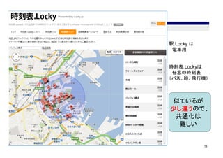 時刻表.Locky

            駅.Locky は
             電車用


            時刻表.Lockyは
             任意の時刻表
            （バス、船、飛行機）



            似ているが
            少し違うので、
             共通化は
              難しい


                        13
 