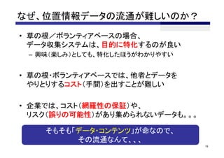 なぜ、位置情報データの流通が難しいのか？
• 草の根／ボランティアベースの場合、
  データ収集システムは、目的に特化するのが良い
 – 興味（楽しみ）としても、特化したほうがわかりやすい


• 草の根・ボランティアベースでは、他者とデータを
  やりとりするコスト（手間）を出すことが難しい

• 企業では、コスト（網羅性の保証）や、
  リスク（誤りの可能性）があり集められないデータも。。。

    そもそも「データ・コンテンツ」が命なので、
         その流通なんて、、、
                                19
 