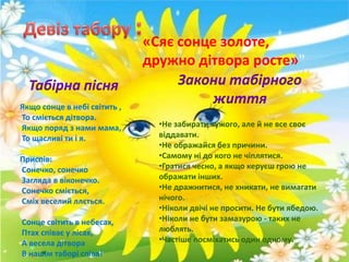 «Сяє сонце золоте,
                              дружно дітвора росте»"
  Табірна пісня                    Закони табірного
Якщо сонце в небі світить ,
                                       життя
То сміється дітвора.
Якщо поряд з нами мама,         •Не забирати чужого, але й не все своє
То щасливі ти і я.              віддавати.
                                •Не ображайся без причини.
Приспів:                        •Самому ні до кого не чіплятися.
Сонечко, сонечко                •Гратися чесно, а якщо керуєш грою не
Загляда в віконечко.            ображати інших.
Сонечко сміється,               •Не дражнитися, не хникати, не вимагати
Сміх веселий ллється.           нічого.
                                •Ніколи двічі не просити. Не бути ябедою.
Сонце світить в небесах,        •Ніколи не бути замазурою - таких не
Птах співає у лісах,            люблять.
А весела дітвора                •Частіше посміхатись один одному.
В нашім таборі співа!
 