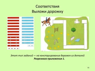 Соответствия
                Выложи дорожку




Этот тип заданий — на конструирование дорожек из деталей
                 Разрезного приложения 1.


                                                           11
 