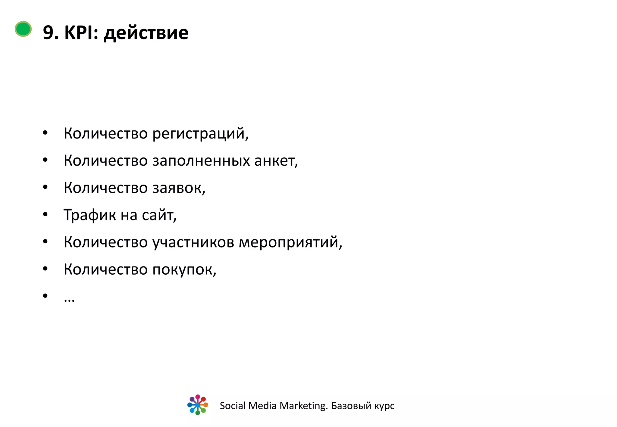 10. Планирование. План на месяц
Период – день.
Подробное описание действий на каждый день: точные даты старта
активаций, дэдлайны подготовки материалов.




                        Social Media Marketing. Базовый курс
 
