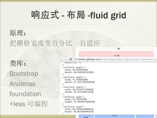 Ӧʽ -  -fluid grid
ԭ
դȱٷֱ      Ӧ

⣺
Bootstrap
Anolecss
foundation
+less ɱ
 
