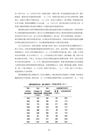 刻。蔣介石在一九二七年到了南京，就選定城外一整座山陵，作為孫逸仙的安眠之所，還計
劃建造一條從南京直通陵墓的道路。一九二八年，蔣親自前往孫在北平西山的暫厝地，臨柩
涕泣。表露心中難以平復的哀思。一九二九年，南京中山陵竣工，氣宇雄偉，蔣派遣專車前
往北平迎靈，將孫的遺體換上中式長抱。一九二六年六月，蔣在南京親自主持奉厝大典，巧
妙地不讓他的政敵出席這個中國歷史上充滿高度政治意涵的時刻。
  雖然國民政府以如此華麗的排場來向國民黨的創建者致敬，但是國民政府一如袁世凱時
代，同樣面臨財政困窘的壓力。蔣介石半以橫徵暴斂的手段向上海實業家榨取北伐後期軍餉，
但這終究不是長久之計，宋子文於是力圖說服眾人，建立起一套中央預算制度，要求成立一
個具實權且獨立運作的預算委員會，以分配各部門的財政資金。不過因為預算的最終決議權
仍掌握在國民政府委員會手中，所以權限問題與特殊干預終究無法根除。
  宋子文初步估計，扣除負債後，政府歲入約為三億元。但是當時軍費支出驟增為每年三
億六千萬元，因此軍事組織的縮編與改組就勢在必行。此外，也必須進一步釐清中央與地方
的財政收入，這項工作因為國民政府在一九二八年時實際只控制江蘇、浙江、安徽、江西四
省而益形複雜。宋子文同時入主一九二八年底新成立的中央銀行，擔任總裁一職，當時中央
銀行據有資本額二千萬元。央行成立之初衷在推動金融改革並贖回武漢、廣州，及南京政府
各自發行的垃圾債券。一九二八年，國民政府即與列強談判，放棄內陸過境稅以及自孫逸仙
主政廣州政府以降所開徵的特別附加說，以換回關稅自主。結果，關說的歲入遽增，從每年
的一億二千萬元增加至一九二九年的二億四千四百萬元、一九三一年的三億八千五百萬元，
遠遠超過宋子文的預期。
  儘管勵精圖治進行種種改革，但如左圖顯示，國民黨政府因為徵稅上有困難，依然無法
擺脫財政赤字的陰影，政府直到一九三六年都無法課徵所得悅（北京政府曾於一九二一年試




                   242
 