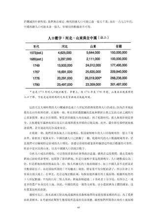 於驟減到什麼程度，我們無法確定。晚明的總人口可能已逾一億五千萬：而在一六七○年代，
中國的總人口可能未達一億人，但確切的數據並不可得。




  ＊這是 1773 年的人口統計數字。事實上，從 1776 年至 1790 年間，山東省出現異常的
人口下降，可能是這段時期的天然災害與地方叛亂所致。


  這段天災人禍時期的人口驟減卻造成十八世紀的經濟復甦與人口的成長，因為許多地區
都有良田待租與待耕。在康熙一朝，華北曾經遭蹂躪的荒地和歷經兵焚之災的天府之國四川
已重新開墾。雍正在位期間，墾荒者陸續進入西南地區，到了乾隆時代，漢人無視於朝廷禁
令，大批遷徙至滿洲南部以及長江流域與漢水沖積的丘陵高地。此外，還有移民乘桴渡海抵
達臺灣，甚至遠赴馬尼拉或東南亞。
  在乾隆一朝，我們看到各地人口迅速增長。假設康熙晚年的人口回復晚明的一億五千萬
水準，那麼到了乾隆末年，中國的總人口已經翻了一翻。乾隆時代的人口數據精確得多，於
是我們可以檢視特定區域的人口增長，並援引清朝的檔案資料驗證這些統計數據的可靠性。
附表中是河北與山東，以及中國總人口的統計數字。
  分析人口成長的變化，可以發現重要的社會與政治意義。雖然在這段期間，過去荒廢的
耕地已紛紛重新墾殖，也開發了新的耕地，但是自康熙中葉迄乾隆晚年，人口總數成長為三
倍，但是耕地面積卻僅成長為二倍；個人所擁有的土地面積縮小。加上中國人並不是把家產
全數留給長子，而是採取所謂的「平均繼承」制度，將家業平均分配給諸子，所以社會上不
容易出現大地主。在華北、北京這塊宏觀區域，每個家庭所擁有的土地面積，根據所取得的
十八世紀數據，平均約只有二點五英畝；耕地面積超過二十英畝者十分少見，有四分之一或
更多的農戶本身沒有土地。因此，中國仍然是一個勞力密集、以小農經濟為主體的國家，沒
有農業技術的創新。
  遷移至長江、漢水流域丘陵高地或滿洲南部森林地帶的家庭依循家鄉的作法，為了農耕
而砍盡樹木，未考慮到此舉對生態環境所造成的負面效應。雖然他們所開發出來的土地面積

                        68
 