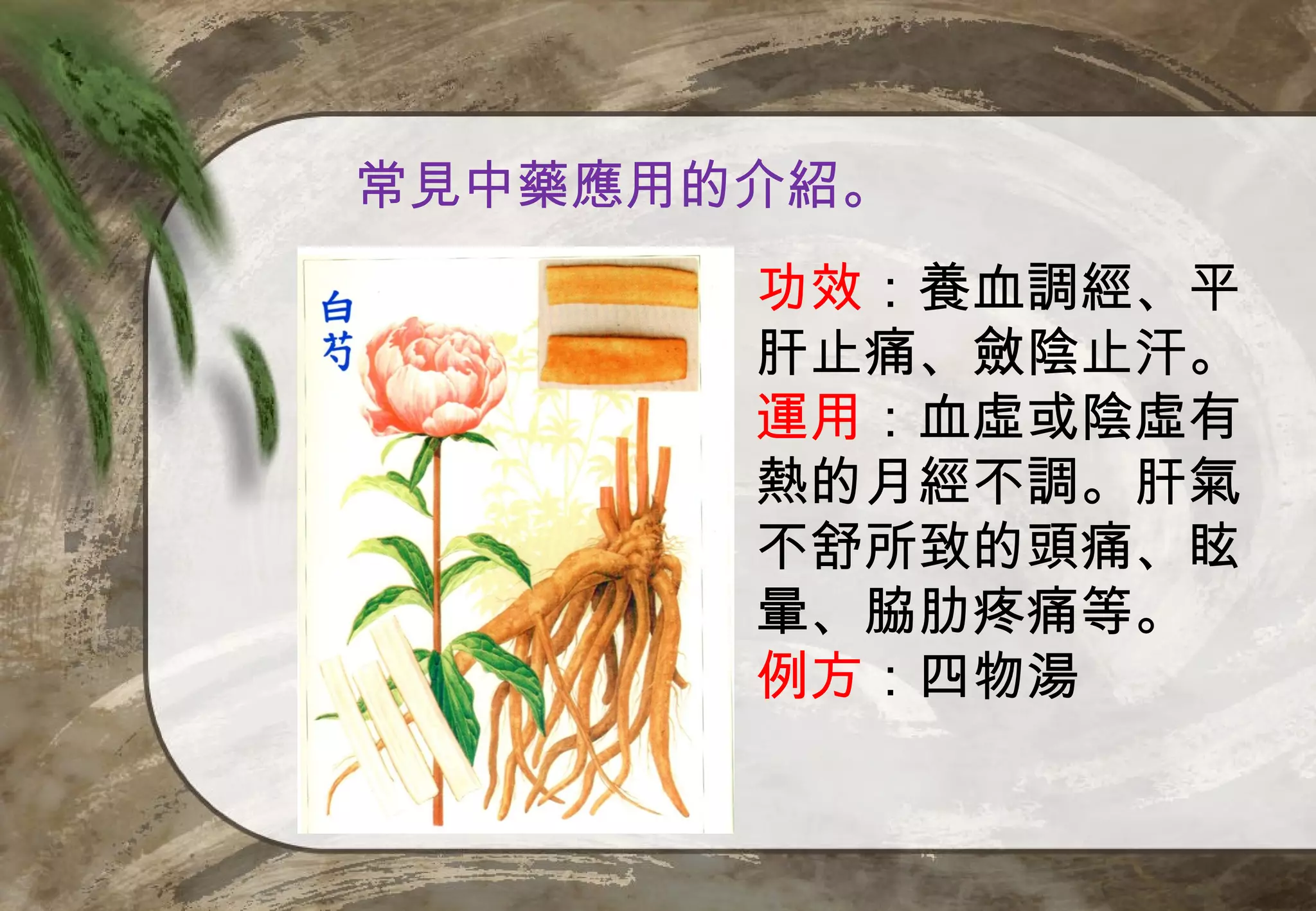 常見中藥應用的介紹。
       功效：養血調經、平
       肝止痛、斂陰止汗。
       運用：血虛或陰虛有
       熱的月經不調。肝氣
       不舒所致的頭痛、眩
       暈、脇肋疼痛等。
       例方：四物湯
 