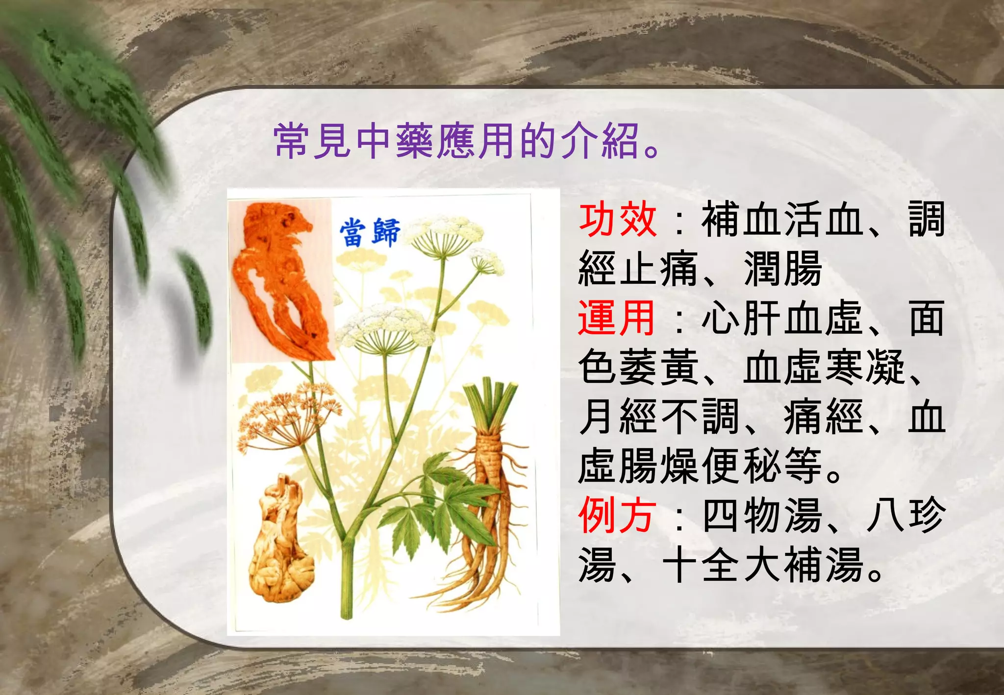 常見中藥應用的介紹。
       功效：補血活血、調
       經止痛、潤腸
       運用：心肝血虛、面
       色萎黃、血虛寒凝、
       月經不調、痛經、血
       虛腸燥便秘等。
       例方：四物湯、八珍
       湯、十全大補湯。
 