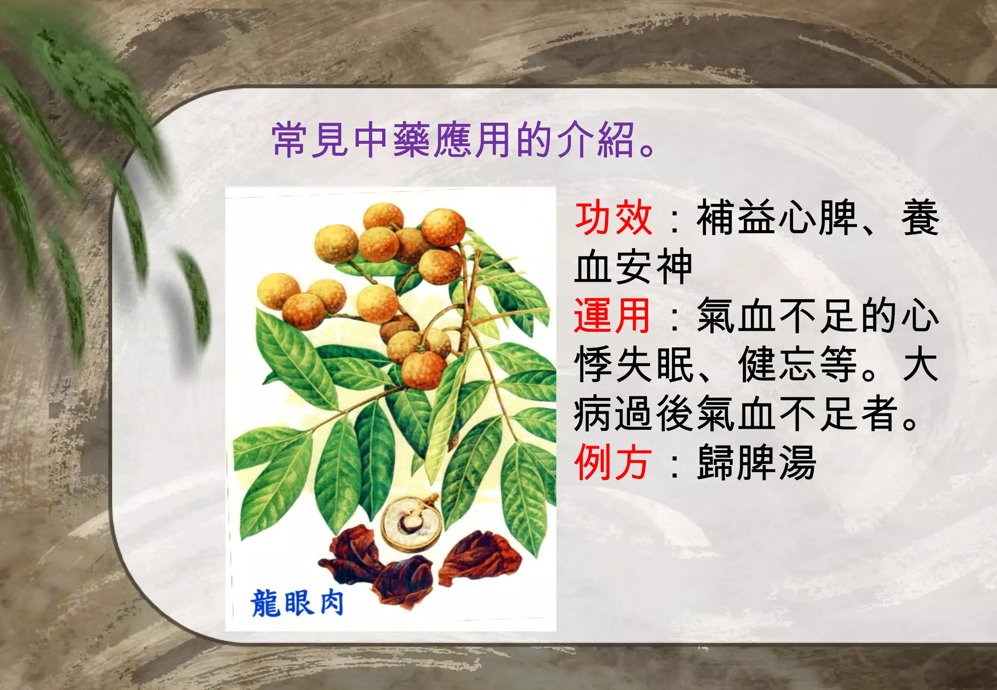 常見中藥應用的介紹。
       功效：補益心脾、養
       血安神
       運用：氣血不足的心
       悸失眠、健忘等。大
       病過後氣血不足者。
       例方：歸脾湯
 