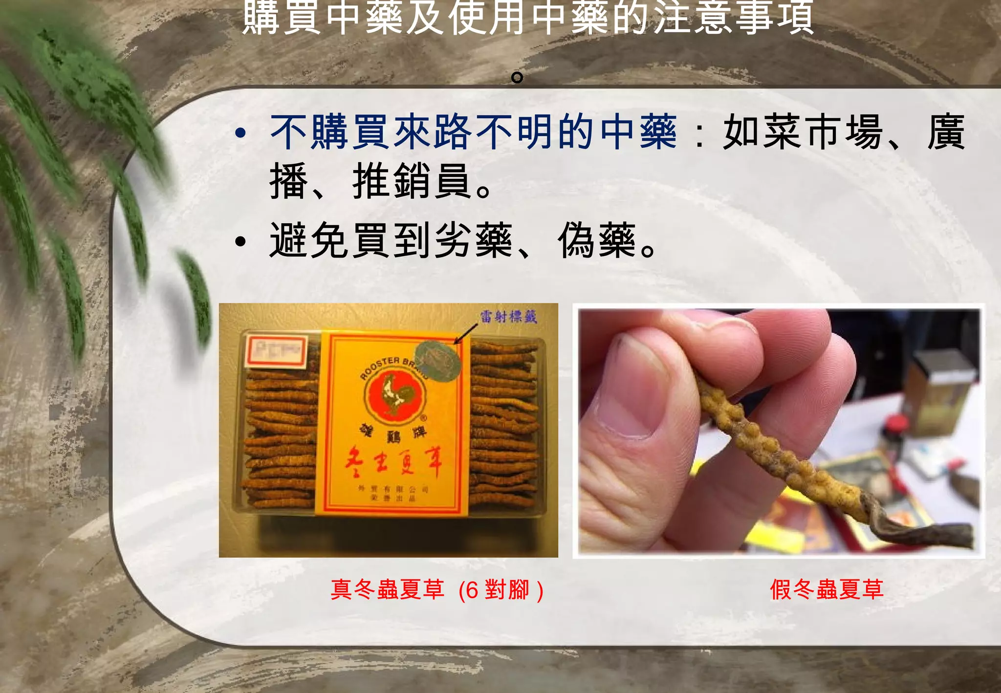 購買中藥及使用中藥的注意事項
       。
• 不購買來路不明的中藥：如菜市場、廣
  播、推銷員。
• 避免買到劣藥、偽藥。




  真冬蟲夏草 (6 對腳 )   假冬蟲夏草
 