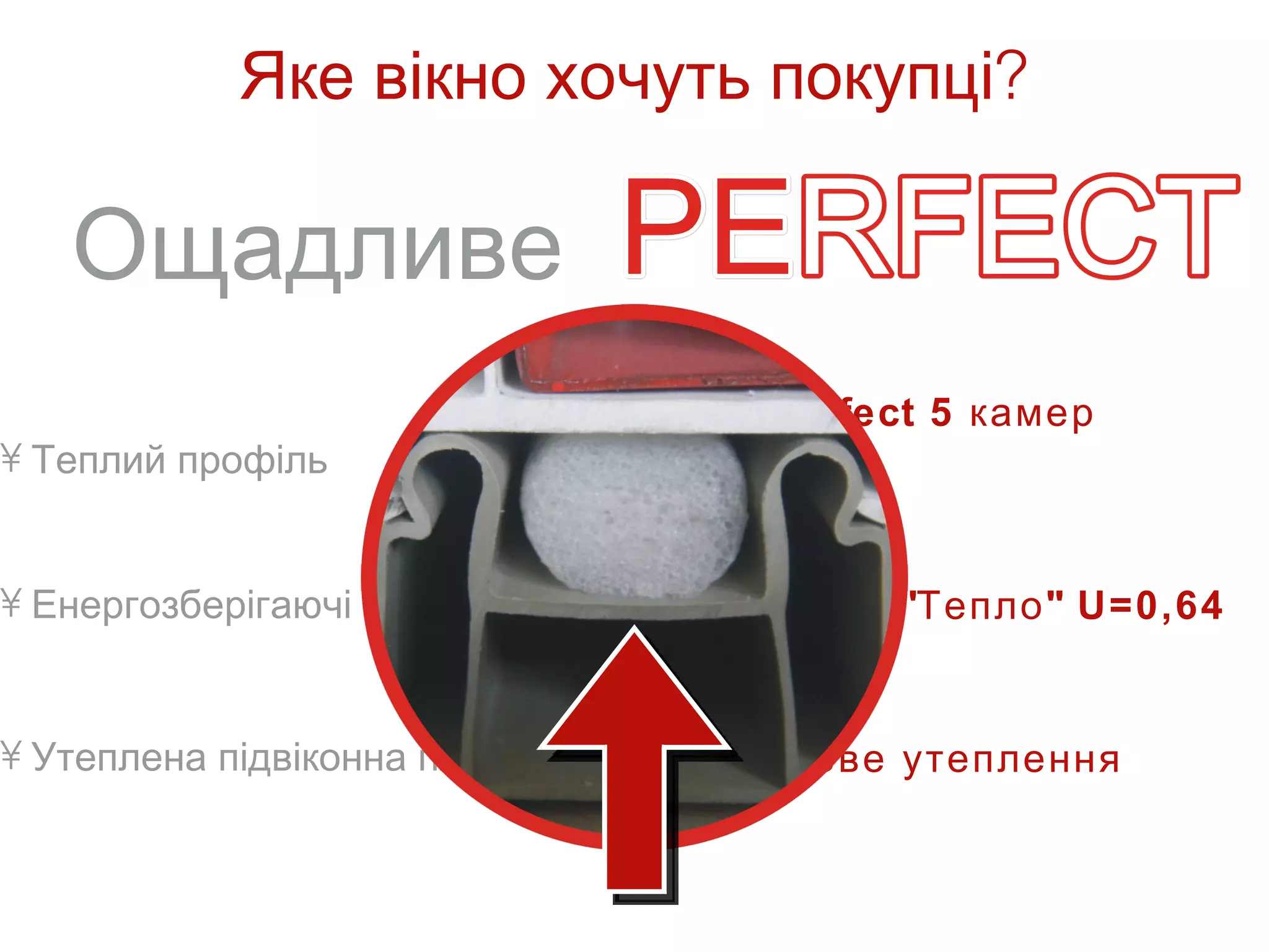 Яке вікно хочуть покупці?

   Ощадливе
                               • KBE Perfect 5 камер
• Теплий профіль                 U=0,86


• Енергозберігаючі пакети      • Склопакет "Тепло " U=0,64


• Утеплена підвіконна планка   • Додаткове утеплення
 