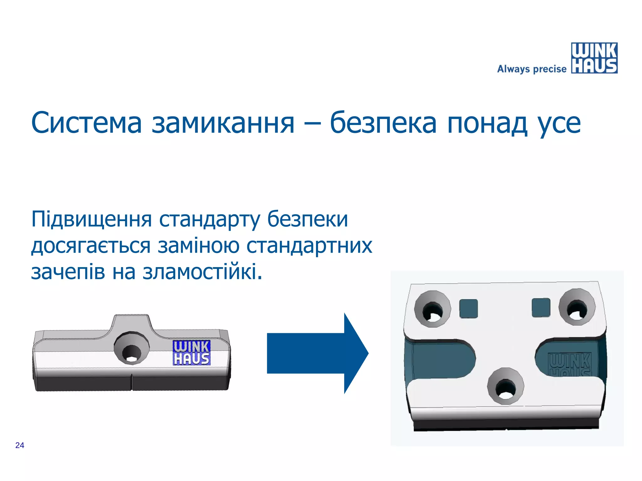 Система замикання – безпека понад усе


     Підвищення стандарту безпеки
     досягається заміною стандартних
     зачепів на зламостійкі.




24
 