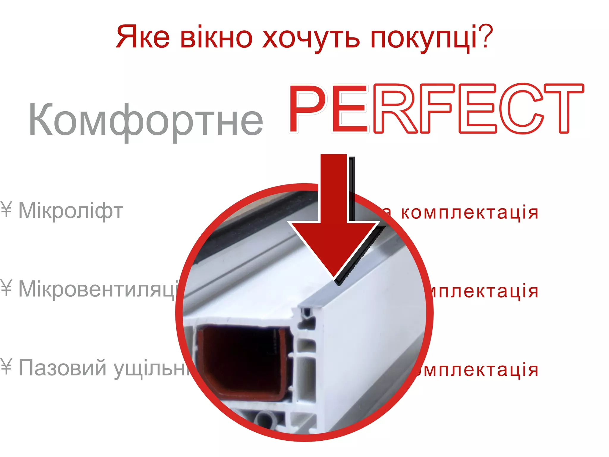 Яке вікно хочуть покупці?

  Комфортне
• Мікроліфт            • Базова комплектація


• Мікровентиляція      • Базова комплектація


• Пазовий ущільнювач   • Базова комплектація
 