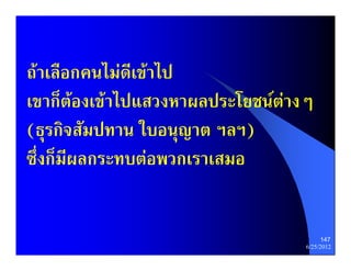 ถาเลือกคนไมดีเขาไป
เขาก็ตองเขาไปแสวงหาผลประโยชนตางๆ
(ธุรกิจสัมปทาน ใบอนุญาต ฯลฯ)
                         ฯลฯ)
ซึ่งก็มีผลกระทบตอพวกเราเสมอ


                                         147
                                   6/25/2012
 
