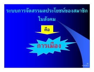 ระบบการจัดสรรผลประโยชนของสมาชิก
             ในสังคม
              คือ

            การเมือง
                                    22
                             6/25/2012
 