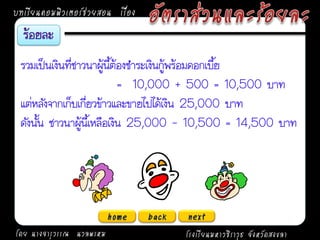 บทเรียนคอมพิวเตอร์ช่วยสอน เรื่อง


 รวมเป็นเงินที่ชาวนาผู้นี้ต้องชาระเงินกู้พร้อมดอกเบี้ย
                            = 10,000 + 500 = 10,500 บาท
 แต่หลังจากเก็บเกี่ยวข้าวและขายไปได้เงิน 25,000 บาท
 ดังนั้น ชาวนาผู้นี้เหลือเงิน 25,000 - 10,500 = 14,500 บาท




                          home     back   next
โดย นางจารุวรรณ นวลพรหม                   โรงเรียนมหาวชิราวุธ จังหวัดสงขลา
 