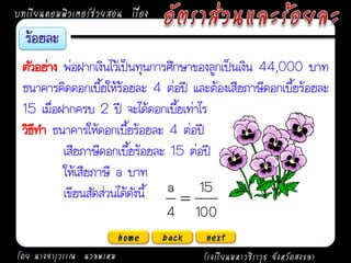 บทเรียนคอมพิวเตอร์ช่วยสอน เรื่อง


 ตัวอย่าง พ่อฝากเงินไว้เป็นทุนการศึกษาของลูกเป็นเงิน 44,000 บาท
 ธนาคารคิดดอกเบี้ยให้ร้อยละ 4 ต่อปี และต้องเสียภาษีดอกเบี้ยร้อยละ
 15 เมื่อฝากครบ 2 ปี จะได้ดอกเบี้ยเท่าไร
 วิธทา ธนาคารให้ดอกเบี้ยร้อยละ 4 ต่อปี
    ี
          เสียภาษีดอกเบี้ยร้อยละ 15 ต่อปี
          ให้เสียภาษี a บาท
          เขียนสัดส่วนได้ดังนี้ a  15
                                 4 100
                          home     back   next
โดย นางจารุวรรณ นวลพรหม                   โรงเรียนมหาวชิราวุธ จังหวัดสงขลา
 