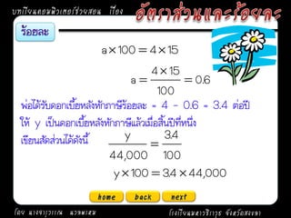 บทเรียนคอมพิวเตอร์ช่วยสอน เรื่อง


                         a  100  4  15
                                     4  15
                                 a                0.6
                                        100
  พ่อได้รับดอกเบี้ยหลังหักภาษีร้อยละ = 4 – 0.6 = 3.4 ต่อปี
  ให้ y เป็นดอกเบี้ยหลังหักภาษีแล้วเมื่อสิ้นปีที่หนึ่ง
  เขียนสัดส่วนได้ดังนี้        y           3.4
                                     
                           44,000 100
                            y  100  3.4  44,000
                          home     back   next
โดย นางจารุวรรณ นวลพรหม                   โรงเรียนมหาวชิราวุธ จังหวัดสงขลา
 