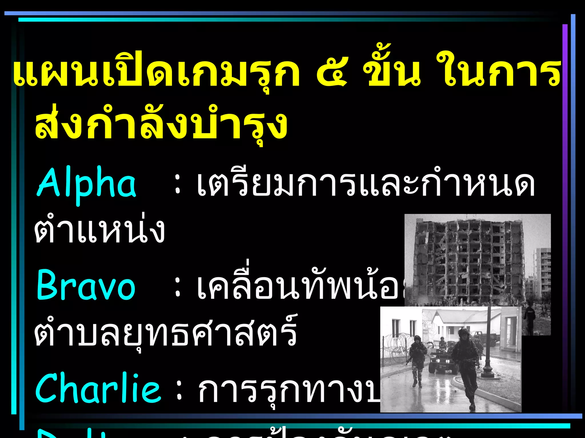 แผนเปิดเกมรุก ๕ ขั้น ในการ
 ส่งกำาลังบำารุง
 Alpha : เตรียมการและกำาหนด
 ตำาแหน่ง
 Bravo : เคลื่อนทัพน้อยเข้าสู่
 ตำาบลยุทธศาสตร์
 Charlie : การรุกทางบก
 