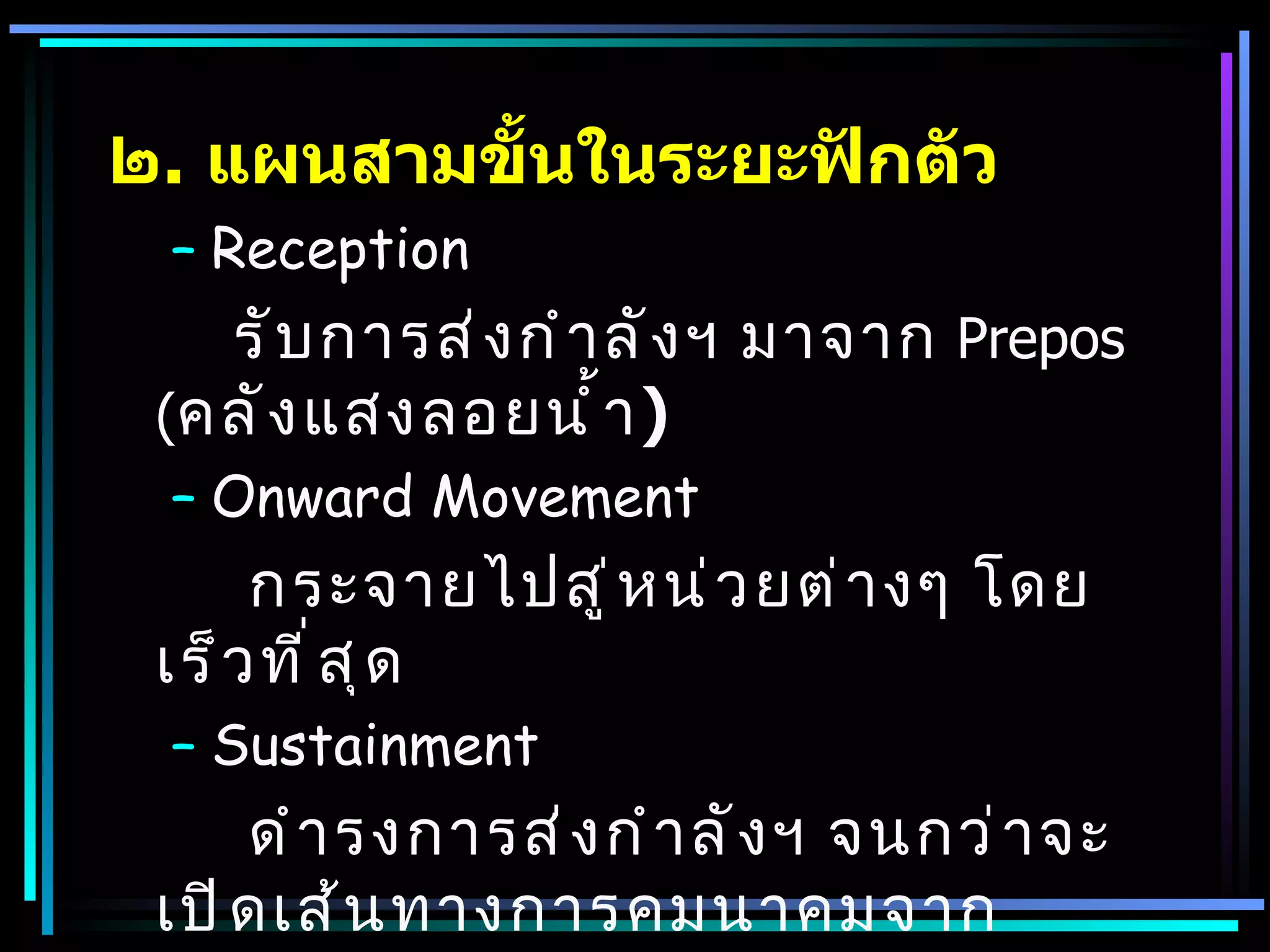 ๒. แผนสามขันในระยะฟักตัว
           ้
 – Reception
   รั บ การส่ ง กำ า ลั ง ฯ มาจาก Prepos
 (คลั ง แสงลอยนำ ้ า )
 – Onward Movement
      กระจายไปสู ่ ห น่ ว ยต่ า งๆ โดย
 เร็ ว ที ่ ส ุ ด
 – Sustainment
      ดำ า รงการส่ ง กำ า ลั ง ฯ จนกว่ า จะ
 เปิ ด เส้ น ทางการคมนาคมจาก
 