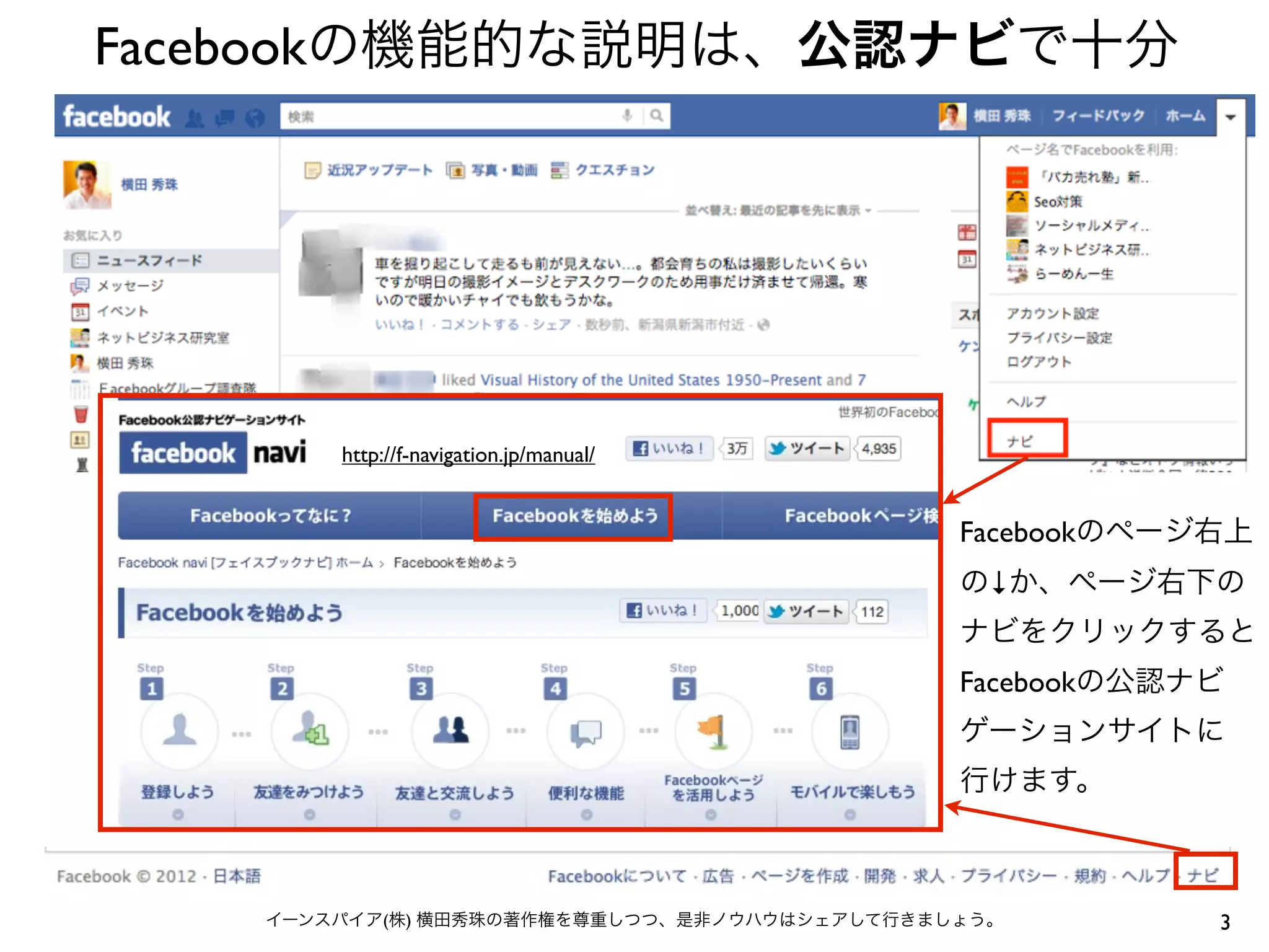 Facebookの機能的な説明は、公認ナビで十分




       http://f-navigation.jp/manual/


                                             Facebookのページ右上
                                             の↓か、ページ右下の
                                             ナビをクリックすると
                                             Facebookの公認ナビ
                                             ゲーションサイトに
                                             行けます。



   イーンスパイア(株) 横田秀珠の著作権を尊重しつつ、是非ノウハウはシェアして行きましょう。         3
 