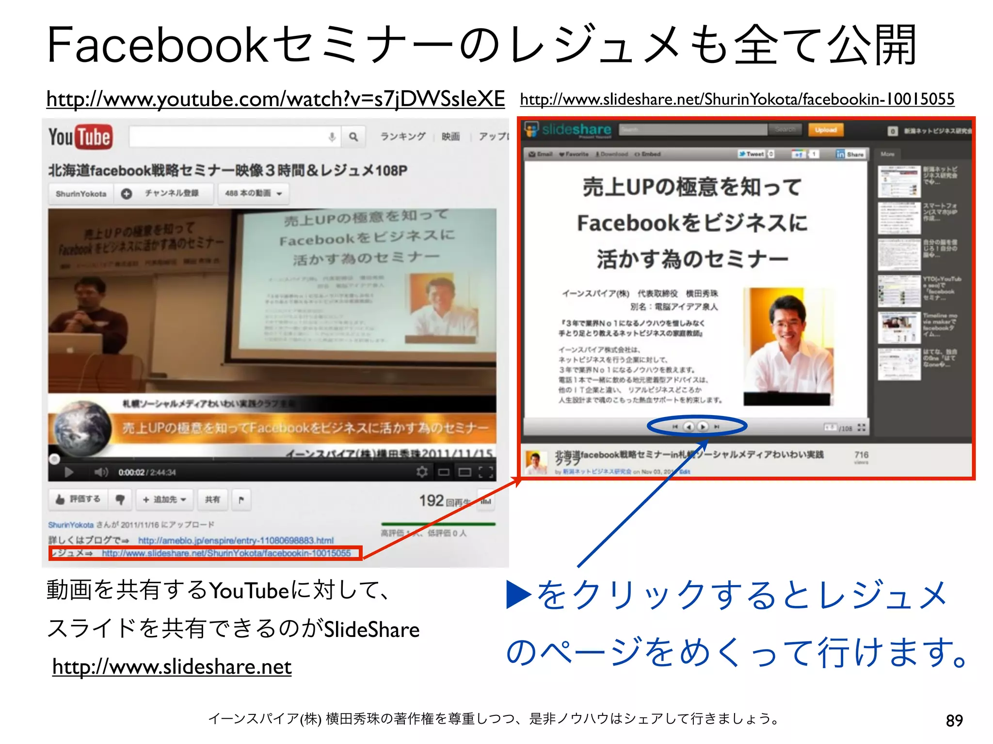 Facebookセミナーのレジュメも全て公開
http://www.youtube.com/watch?v=s7jDWSsIeXE   http://www.slideshare.net/ShurinYokota/facebookin-10015055




動画を共有するYouTubeに対して、                      ▶をクリックするとレジュメ
スライドを共有できるのがSlideShare
http://www.slideshare.net                のページをめくって行けます。
                イーンスパイア(株) 横田秀珠の著作権を尊重しつつ、是非ノウハウはシェアして行きましょう。                                        89
 