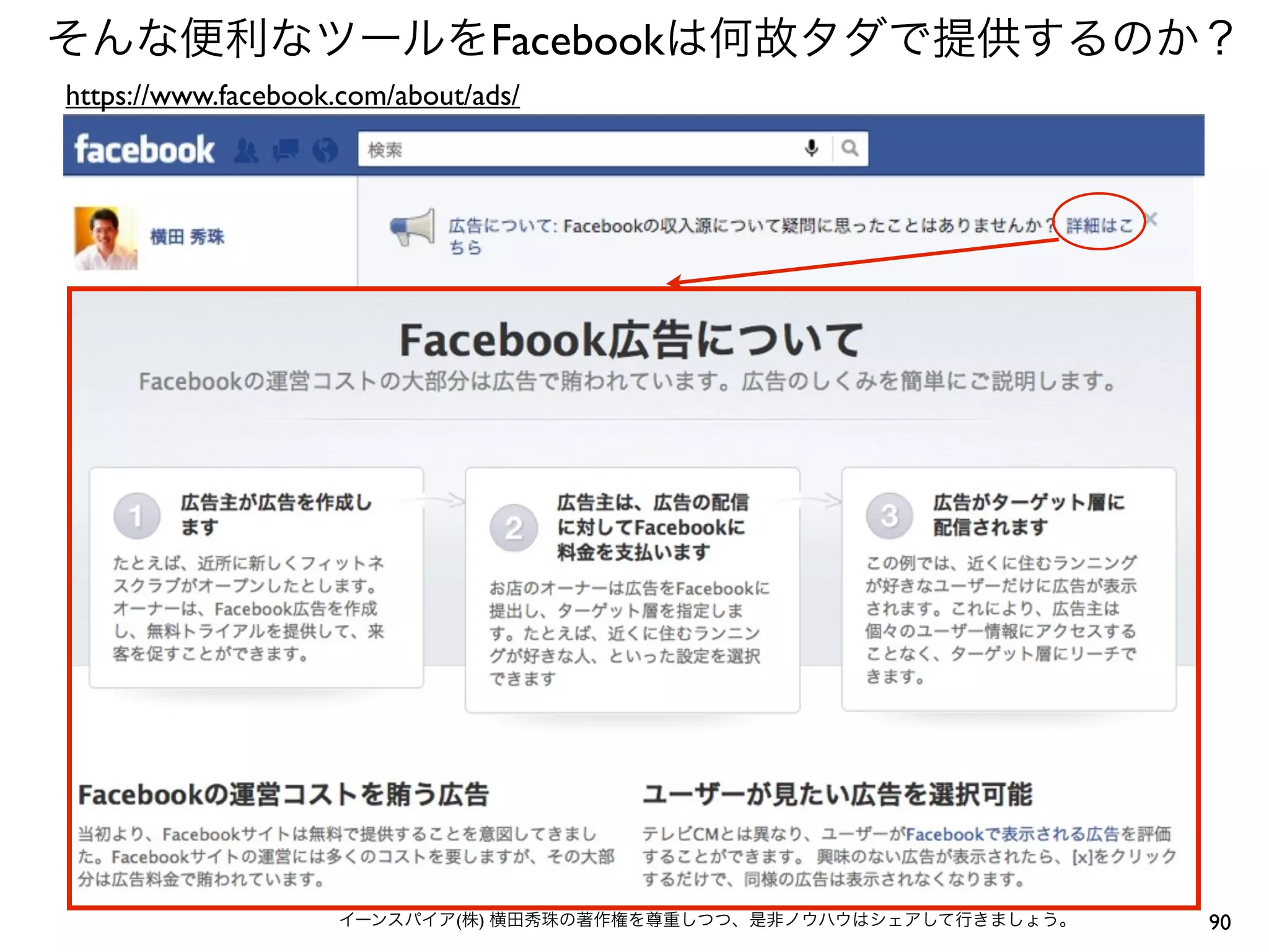 そんな便利なツールをFacebookは何故タダで提供するのか？
https://www.facebook.com/about/ads/




                     イーンスパイア(株) 横田秀珠の著作権を尊重しつつ、是非ノウハウはシェアして行きましょう。   90
 