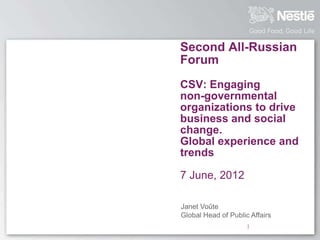 Second All-Russian
Forum
CSV: Engaging
non-governmental
organizations to drive
business and social
change.
Global experience and
trends

7 June, 2012

Janet Voûte
Global Head of Public Affairs
 