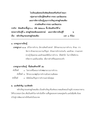 โรงเรียนเฉลิมพระเกียรติสมเด็จพระศรีนครินทร์ พะเยา
                           กลุ่มสาระการเรียนรู้สังคมศึกษา ศาสนา และวัฒนธรรม
                          แผนการจัดการเรียนรู้บูรณาการปรัชญาเศรษฐกิจพอเพียง
                                  สาระสังคมศึกษา ศาสนา และวัฒนธรรม
รายวิชา สังคมศึกษาพื้นฐาน ๓ รหัส ส.๓๒๑๐๑ ชั้น มัธยมศึกษาปีที่ ๕
หน่วยการเรียนรู้ที่ ๑ เศรษฐกิจพอเพียงและสหกรณ์      แผนการจัดการเรียนรู้ที่              ๒
เรื่อง หลักปรัชญาของเศรษฐกิจพอเพียง                                           เวลา ๓ ชั่วโมง


๑. มาตรฐานการเรียนรู้
   มาตรฐาน ส ๓. ๑ เข้าใจการทางาน มีความคิดสร้างสรรค์ มีทักษะกระบวนการทางาน ทักษะ การ
                     จัดการ ทักษะกระบวนการแก้ปัญหา ทักษะการทางานร่วมกัน และทักษะ การแสวงหา
                     ความรู้ มีคุณธรรม และลักษณะนิสัยในการทางาน มีจิตสานึก ในการใช้พลังงาน
                     ทรัพยากร และสิ่งแวดล้อม เพื่อการดารงชีวิตและครอบครัว


   มาตรฐานการเรียนรู้ ชั้นมัธยมศึกษาปีที่ ๔-๖
  ตัวชี้วัดที่     ๑ วิเคราะห์ขั้นตอนการทางาน
                                          ตามกระบวนการทางาน
          ตัวชี้วัดที่ ๒ ใช้กระบวนการ ่มในการทางานด้วยความเสียสละ
                                   กลุ
 ตัวชี้วัดที่      ๓ ตัดสินใจแก้ปัญหาการทางานอย่างมีเหตุผล


๒. แนวคิดสาคัญ / แนวคิดหลัก
          หลักปรัชญาของเศรษฐกิจพอเพียง เป็นหลักปรัชญาที่องค์พระบาทสมเด็จพระเจ้าอยู่หัว ทรงพระราชทาน
ให้กับปวงชนชาวไทย เพื่อเป็นหลักในการดาเนินชีวิต บนพื้นฐษนของความพออยู่พอกิน และไม่ฟุ้งเฟ้อ อันจะ
นาไปสู่การพัฒนาอย่างยั่งยืนต่อไปในอนาคต
 