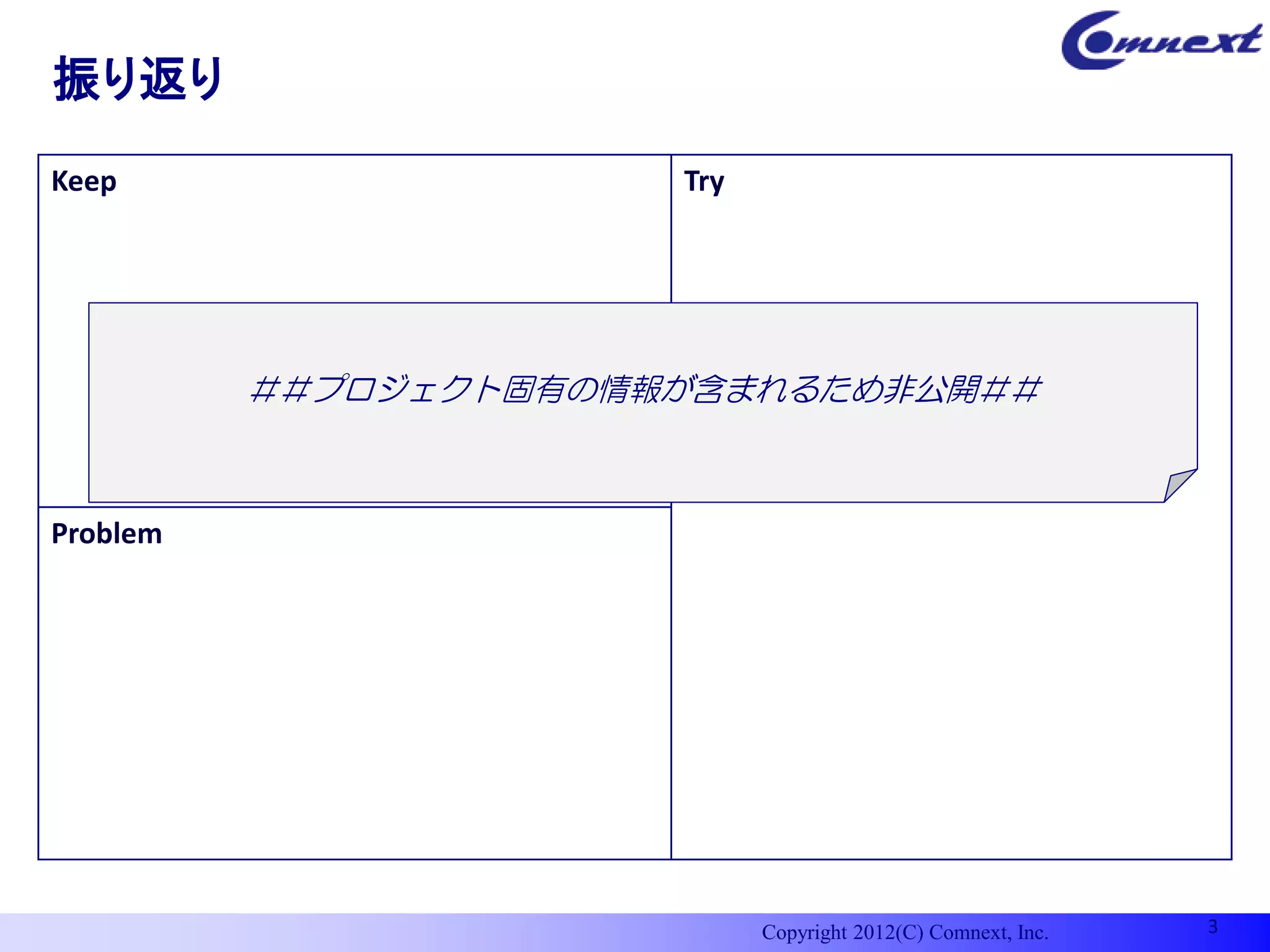 振り返り
Keep                   Try




          ＃＃プロジェクト固有の情報が含まれるため非公開＃＃



Problem




                             Copyright 2012(C) Comnext, Inc.   3
 